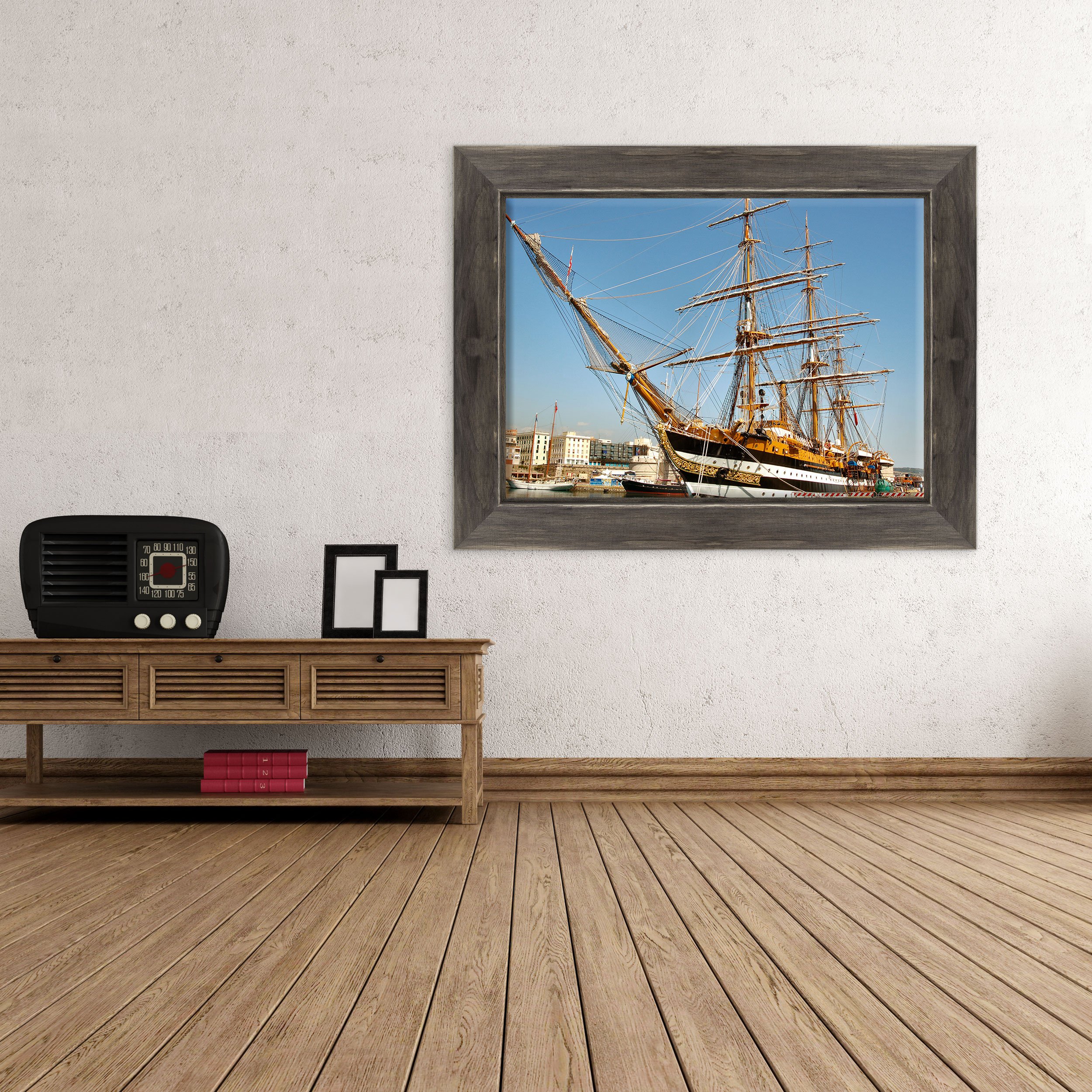 Quadro su Tela Canvas INTELAIATO - con Cornice - Barca a Vela Amerigo Vespucci - 70x100cm - Stile Country Nero Shabby - (cod.1337)