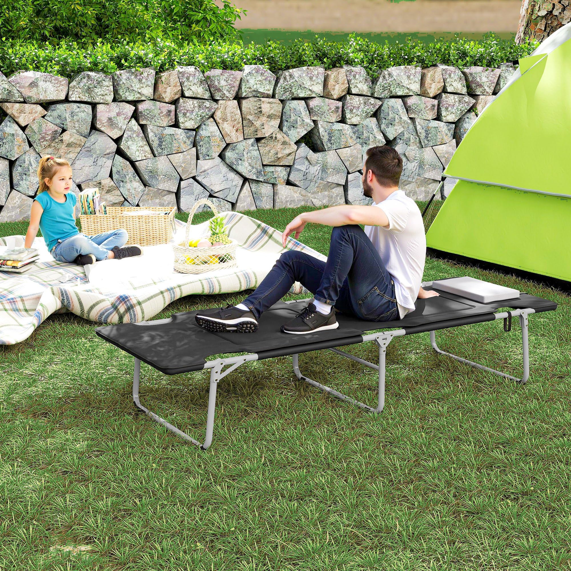 Outsunny Letto da Campeggio, Brandina Pieghevole e Imbottita con Cuscino, Nero 183 x 66 x 33cm