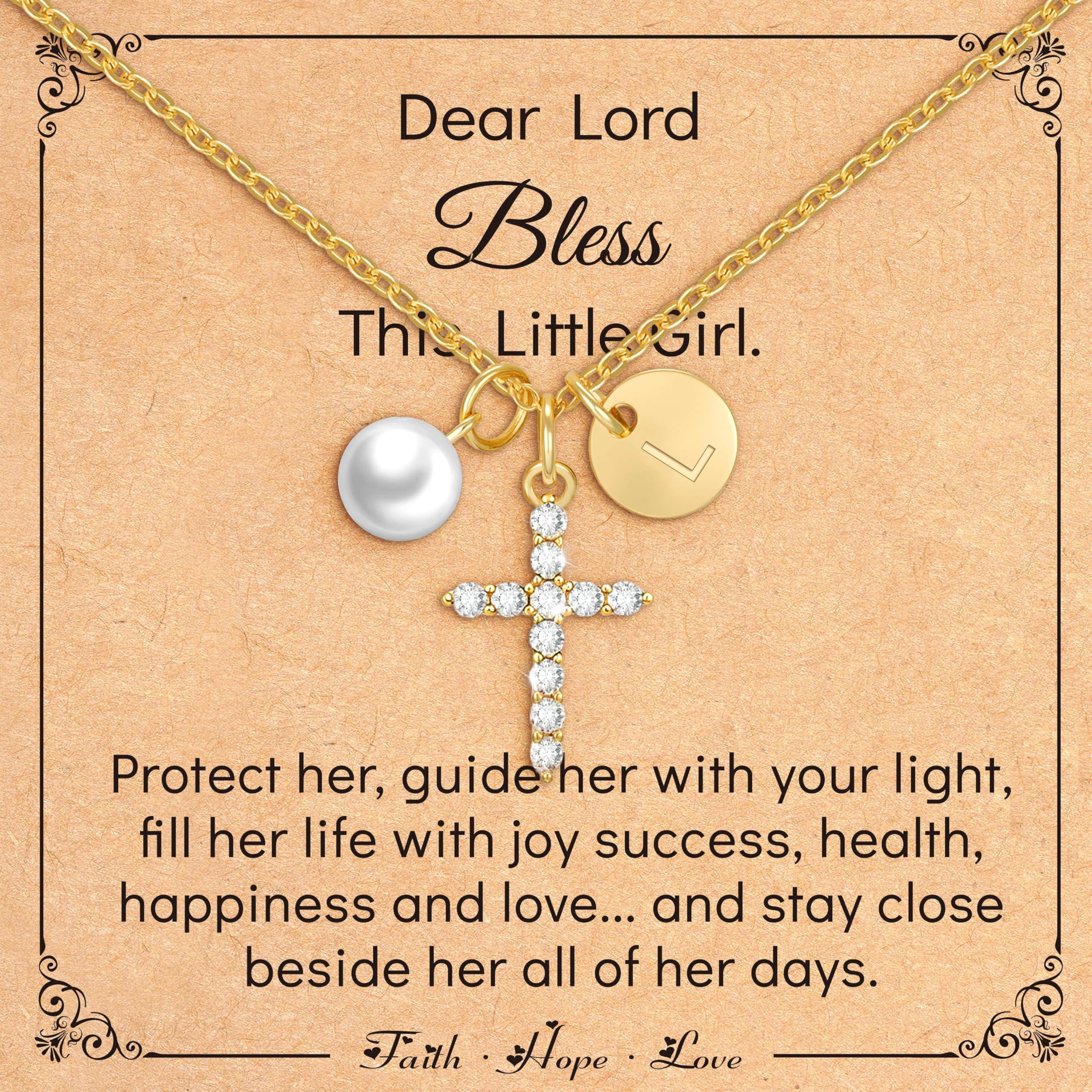 Christian Gifts for Girls - Cross Pearl Initial Necklace for Her First Communion Baptism Confirmation 14K Gold Plated Little Girls Religious Gifts for Teenage Daughter Friend