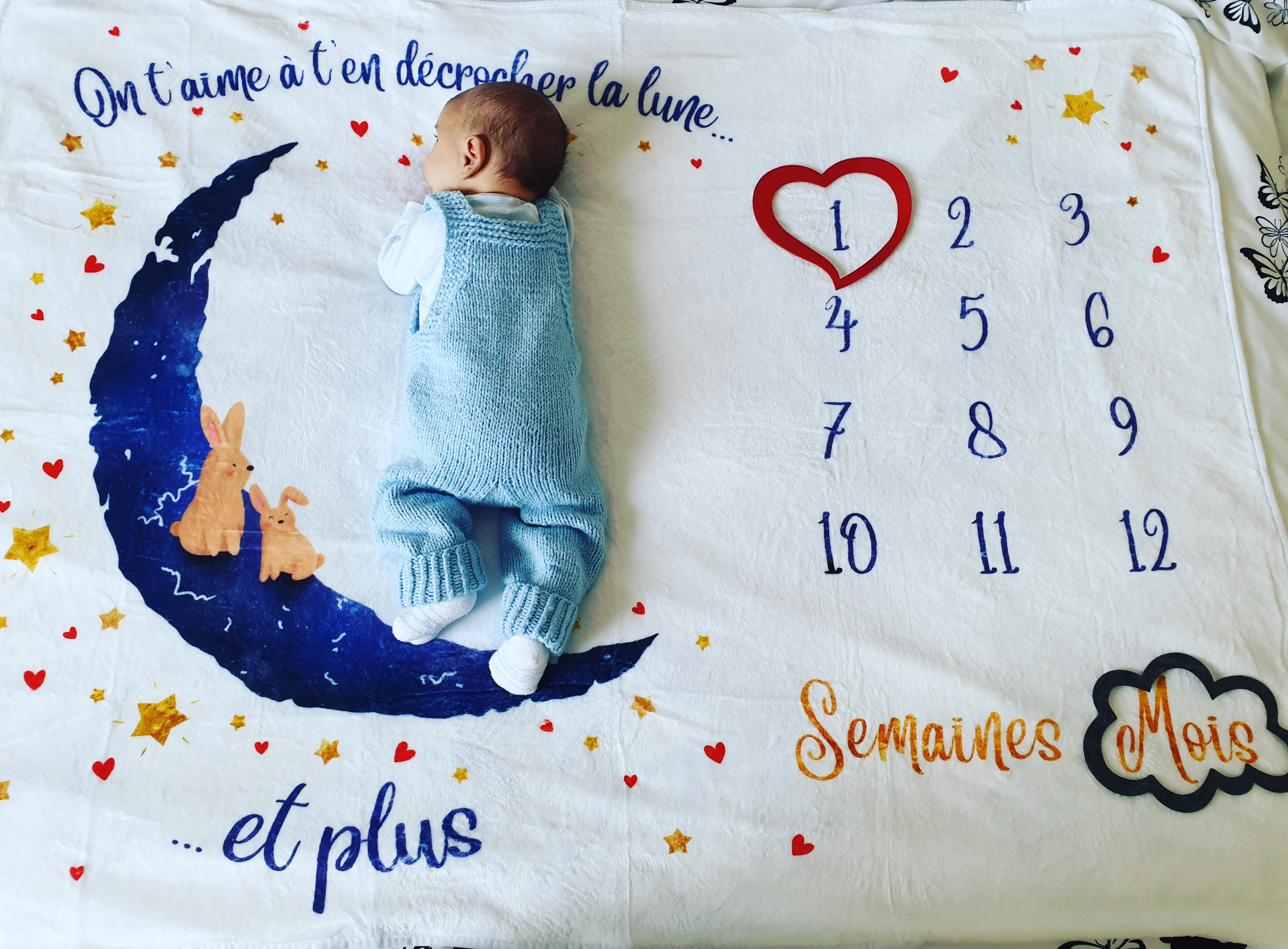 Couverture Étape Bébé Ronde 115x115cm - Tapis Photo Mensuel Papillon Unisexe Fille Garçon Avec Carte Bois Personnalisée - Cadeau Naissance Baby Shower