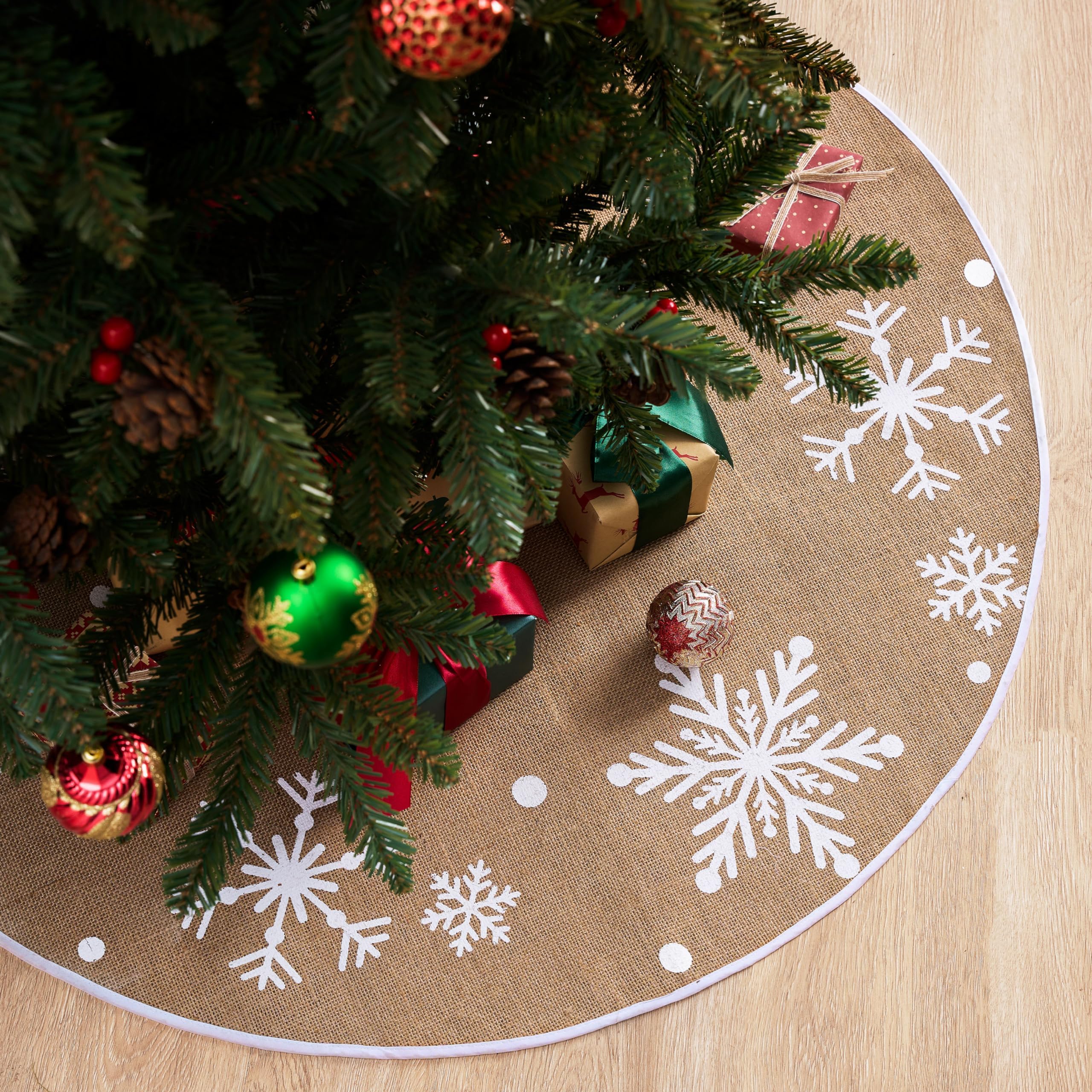36" Christmas Burlap Tree Skirt with Snowflakes, Decoration for Xmas Home Holiday Indoor Outdoor Seasonal Decors