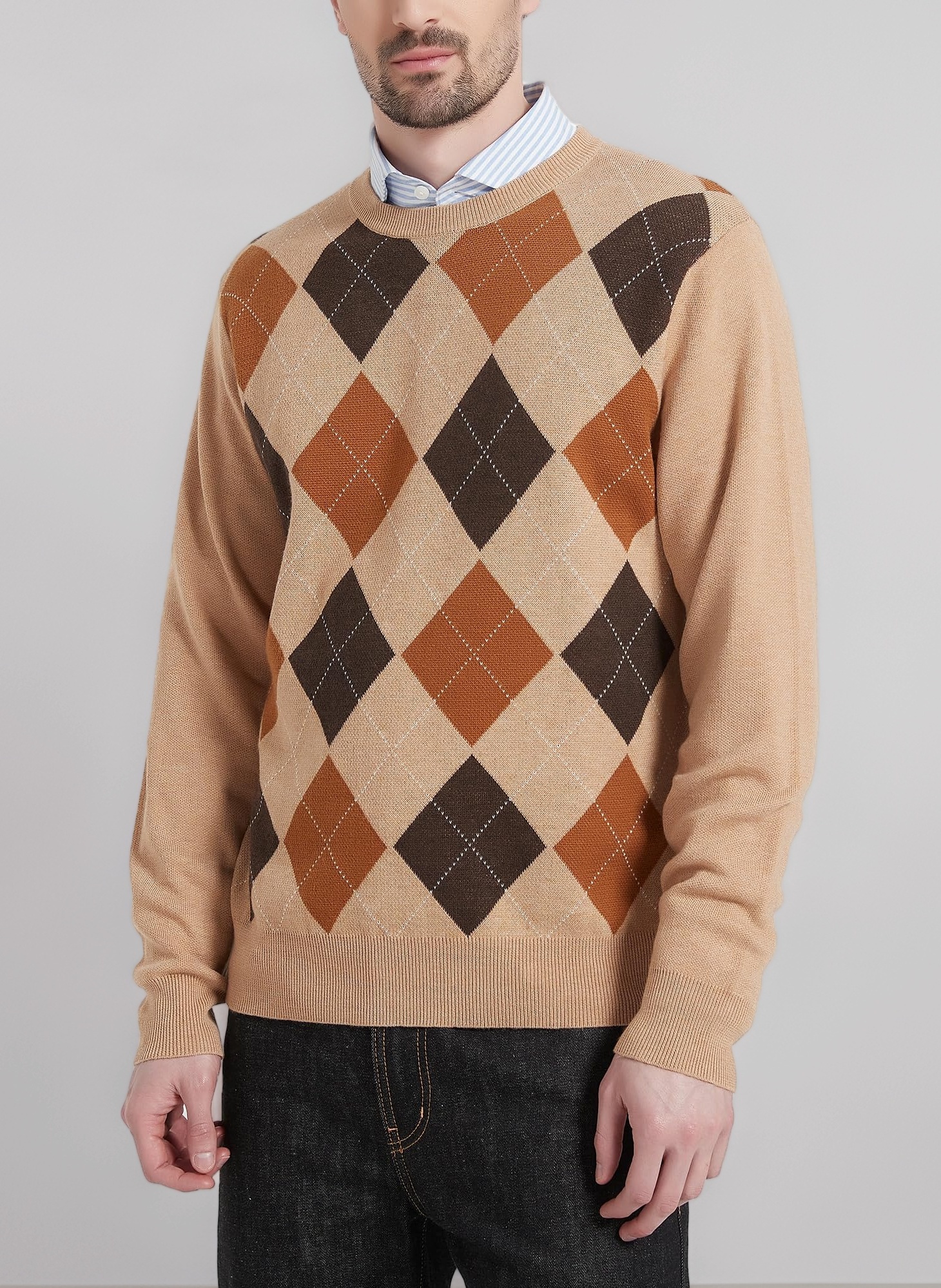 Kallspin Men's Crewneck Argyle Knit Jumpers Wool Blend Long Sleeve Sweater Pullovers