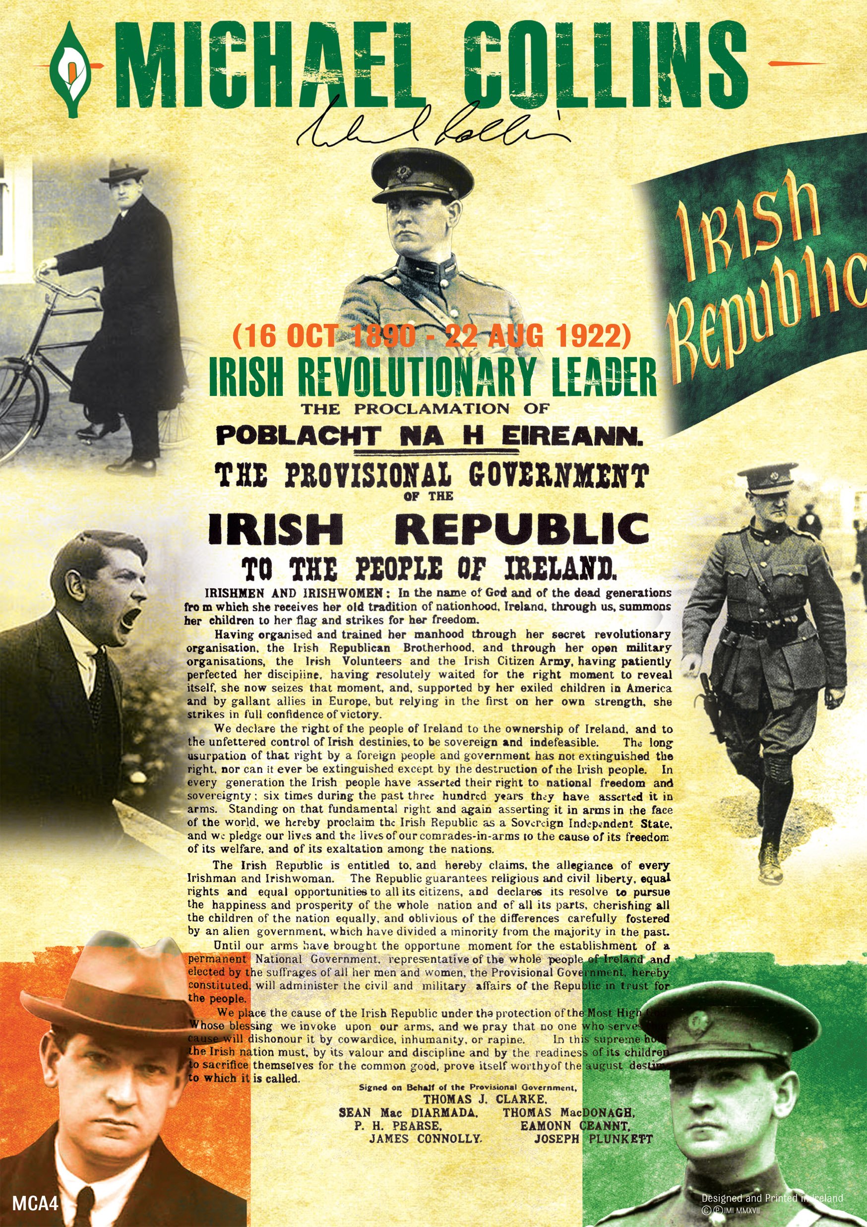 Pierce Manifolds Multi-Color Michael Collins The Irish Rebellion Easter 1916 Proclamation A4 Poster In Irish/English