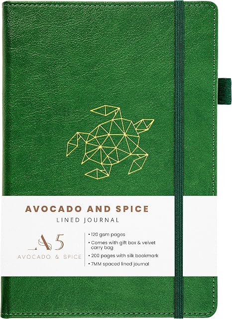 A5 Notebook Hardback Journal by Avocado and Spice® with Gift Box & Velvet Bag - Premium A5 Lined Notebook - Travel Journal Notebook A5 Diary - 200 Thick Pages (Green, Lined)
