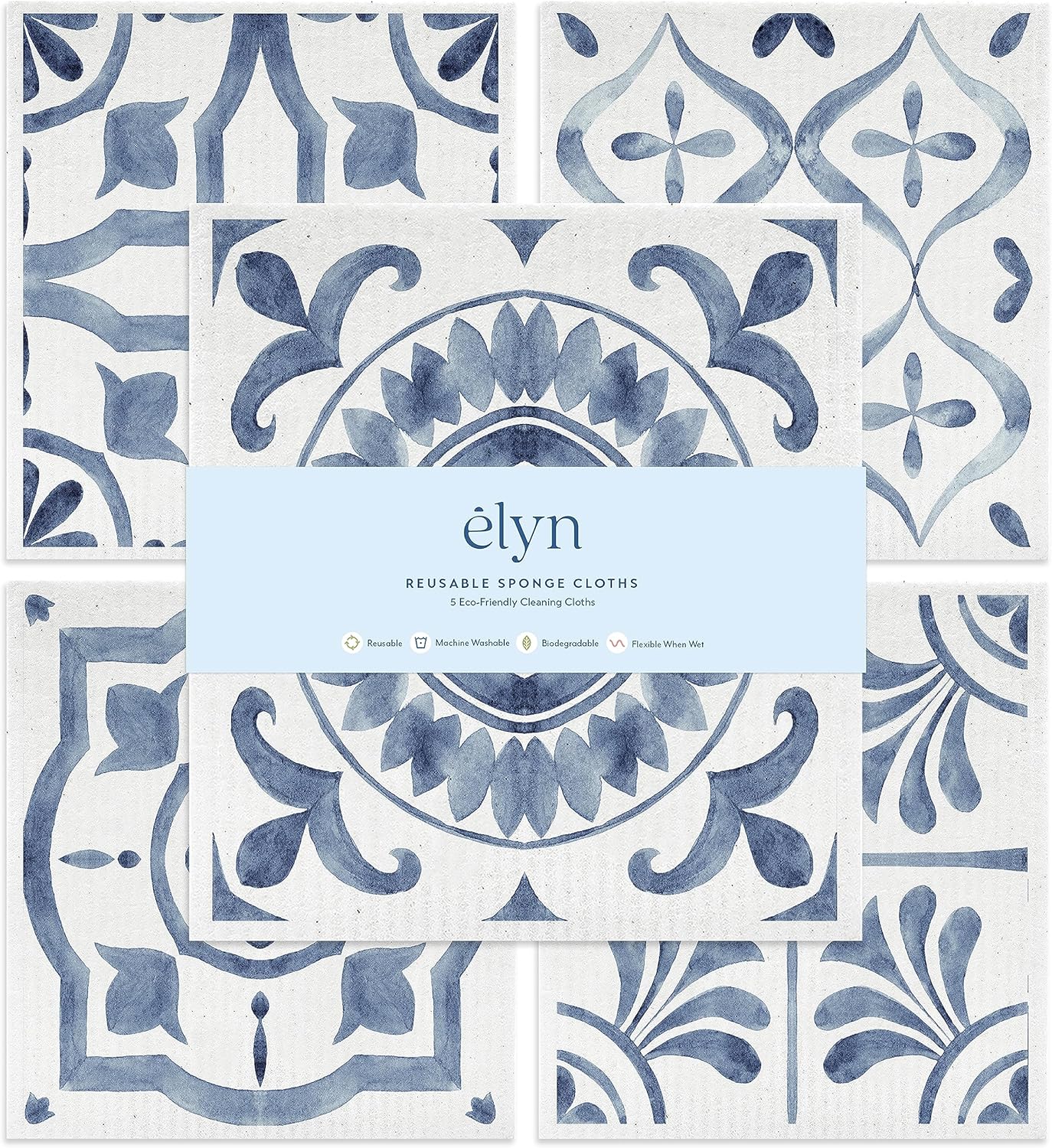ELYN Swedish Dishcloths, Reusable & Washable Sponge Cloths, Absorbent Cleaning Paper Towels for Kitchen, Dishes, Counters and More, 5 Pack, Assorted Moroccan Pattern