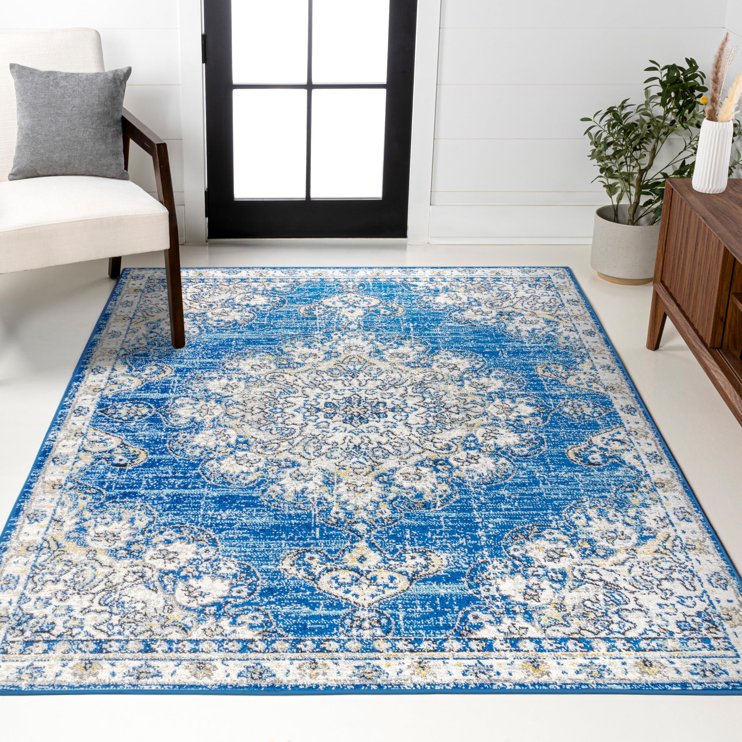 JONATHAN Y Boho Vintage Blue/Cream Indoor Area Rug, 8x10, Bohemian Flair Medallion, Chic, Floral, High Traffic for Living Room, Bedroom, Kitchen, Pet