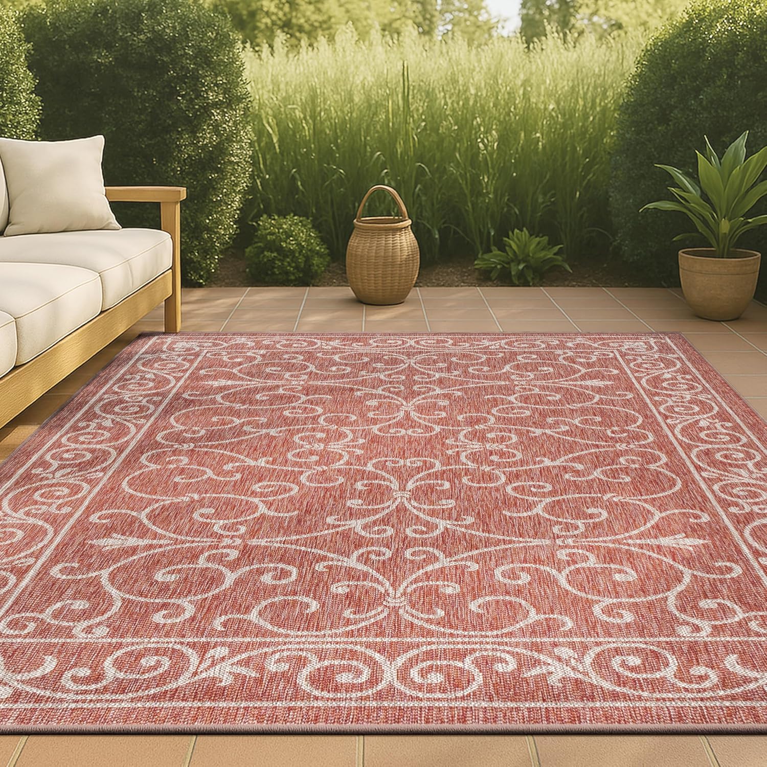JONATHAN Y Vintage Filigree Indoor Outdoor Area Rug 5X8 Red/Beige, Charleston Textured Weave for Backyard, Patio, Porch, Easy-Cleaning, High Traffic, Pet-Friendly, Non-Shedding (SMB106B-5) Red/Beige 5'3" x 7'7" (Rectangular)