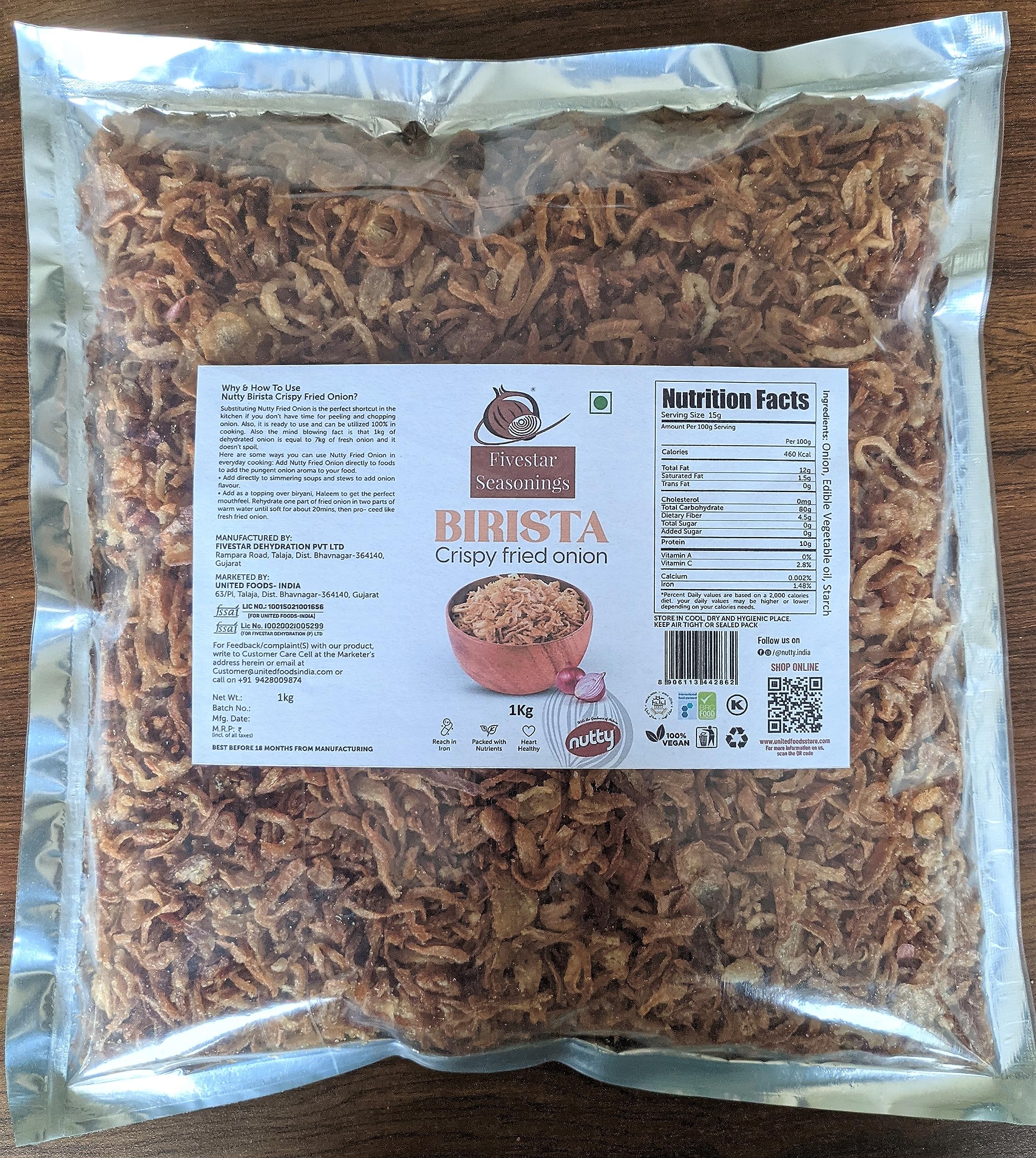 Fivestar Dehydrated Birista Crispy Fried Onion 1kg | 100% Natural, Baristaa | Crispy Onions, Hygienically Processed, Long Shelf Life, for Indian Curries, Biryani, Gravies & Noodles