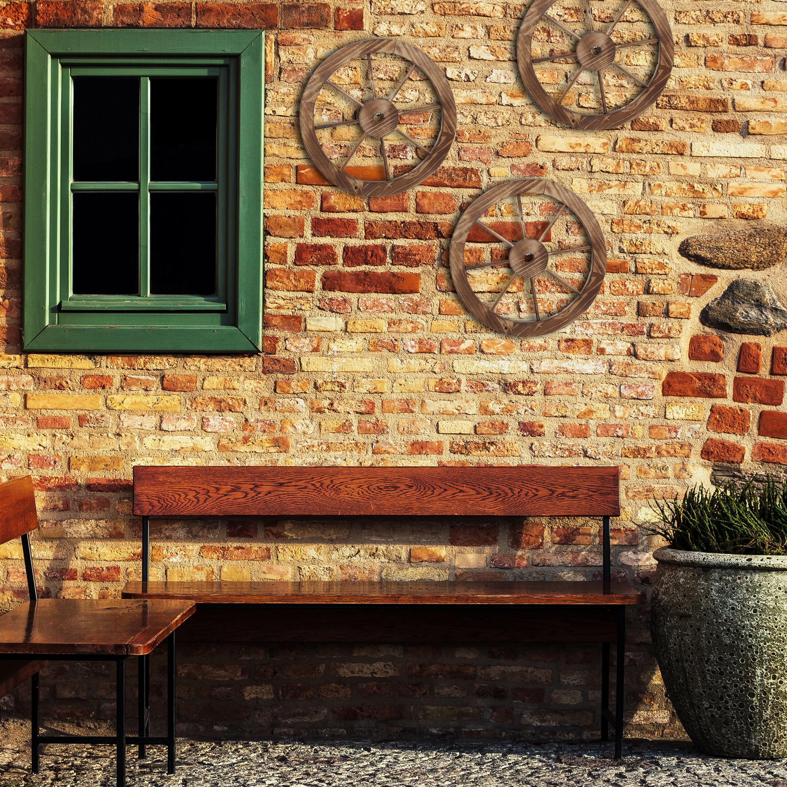 Relaxdays 3 Ruedas de Carro Decorativas, Madera, Adorno para Jardín, Terraza, Veranda, Rústico, Salón, Western, Marrón