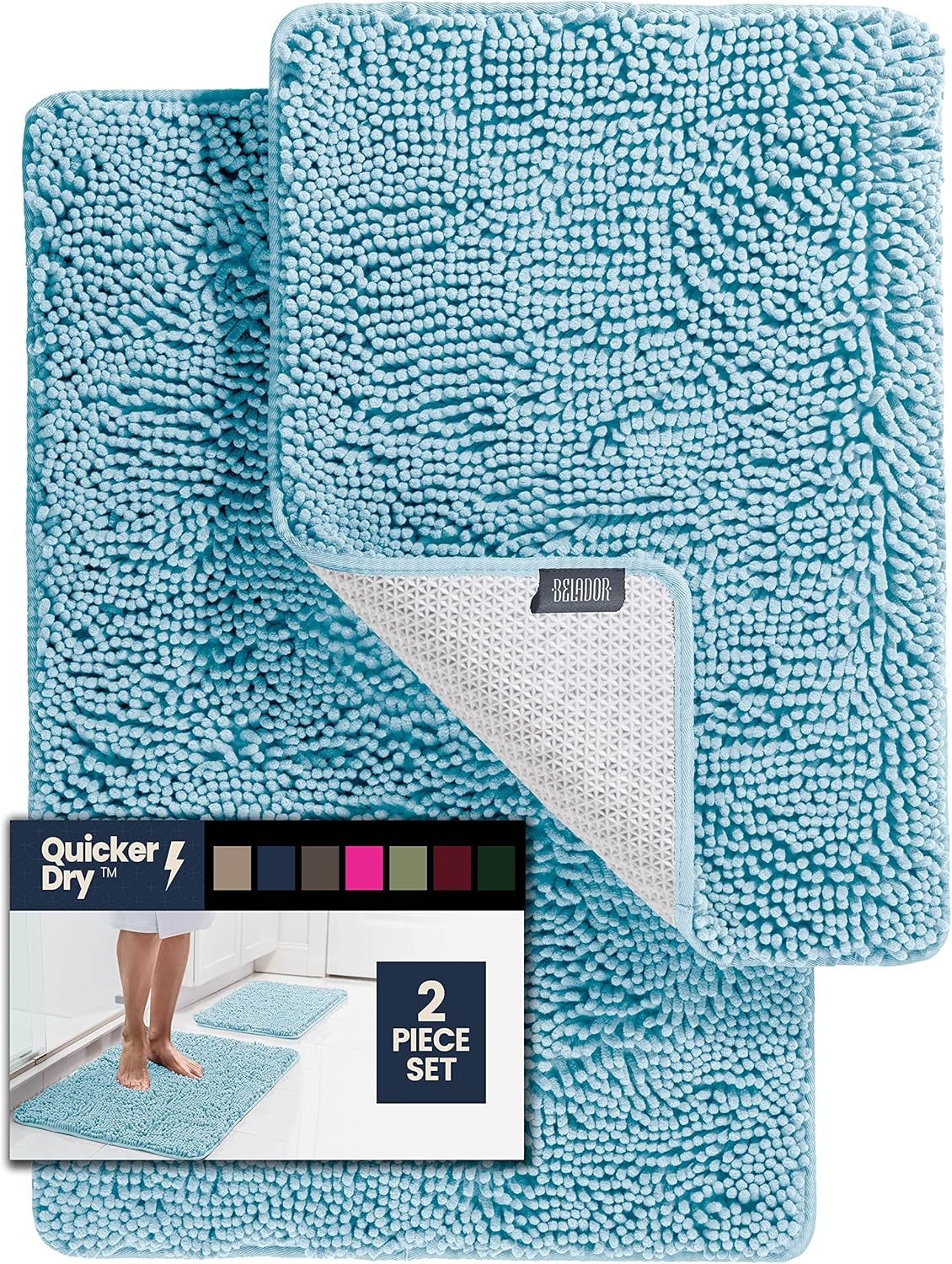 BELADOR Bathroom Rugs Sets 2 Piece - Plush Bath Mat Set Quick-Dry Soft Chenille Bathroom Mat with Rubber Backing, Absorbent Bathroom Rug Set, Washable Bath Rugs for Bathroom- Bath Mats 24x17 + 30x20 2 Piece Set | 24x17 + 30x20 Spa Blue