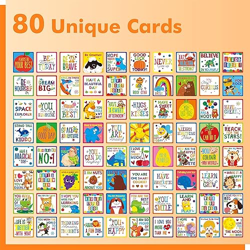 Miniatura 2 de 80 piezas de notas para la lonchera para niños, palabras inspiradoras con diseños adorables, tarjetas de afirmación positiva para cajas de almuerzo