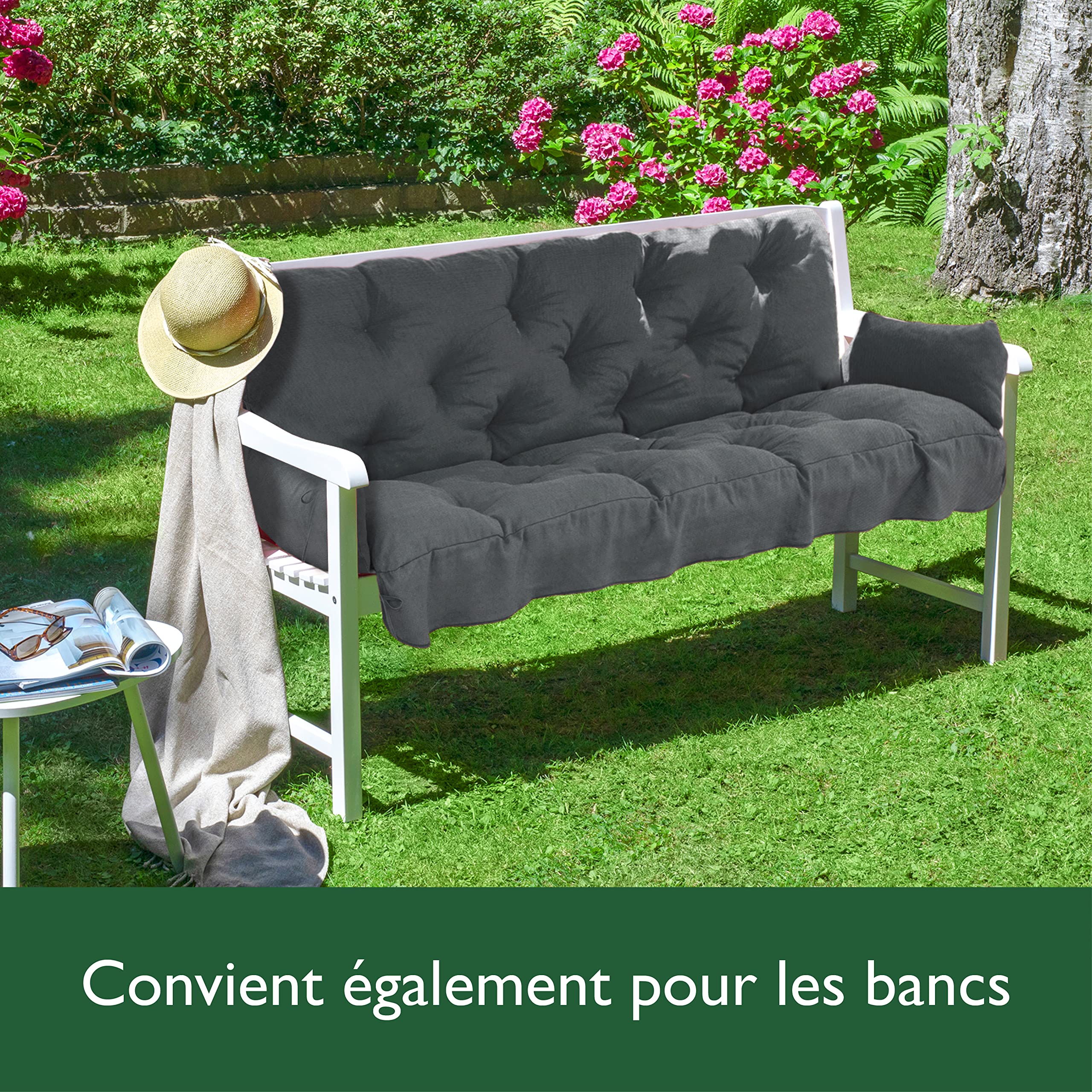 Beautissu Coussin pour Balancelle 180x50x8 cm Flair HS – Coussin de Jardin avec 2 Oreillers – Matelas pour Banc de Jardin, Rembourrage Flocons de Mousse - Anthracite