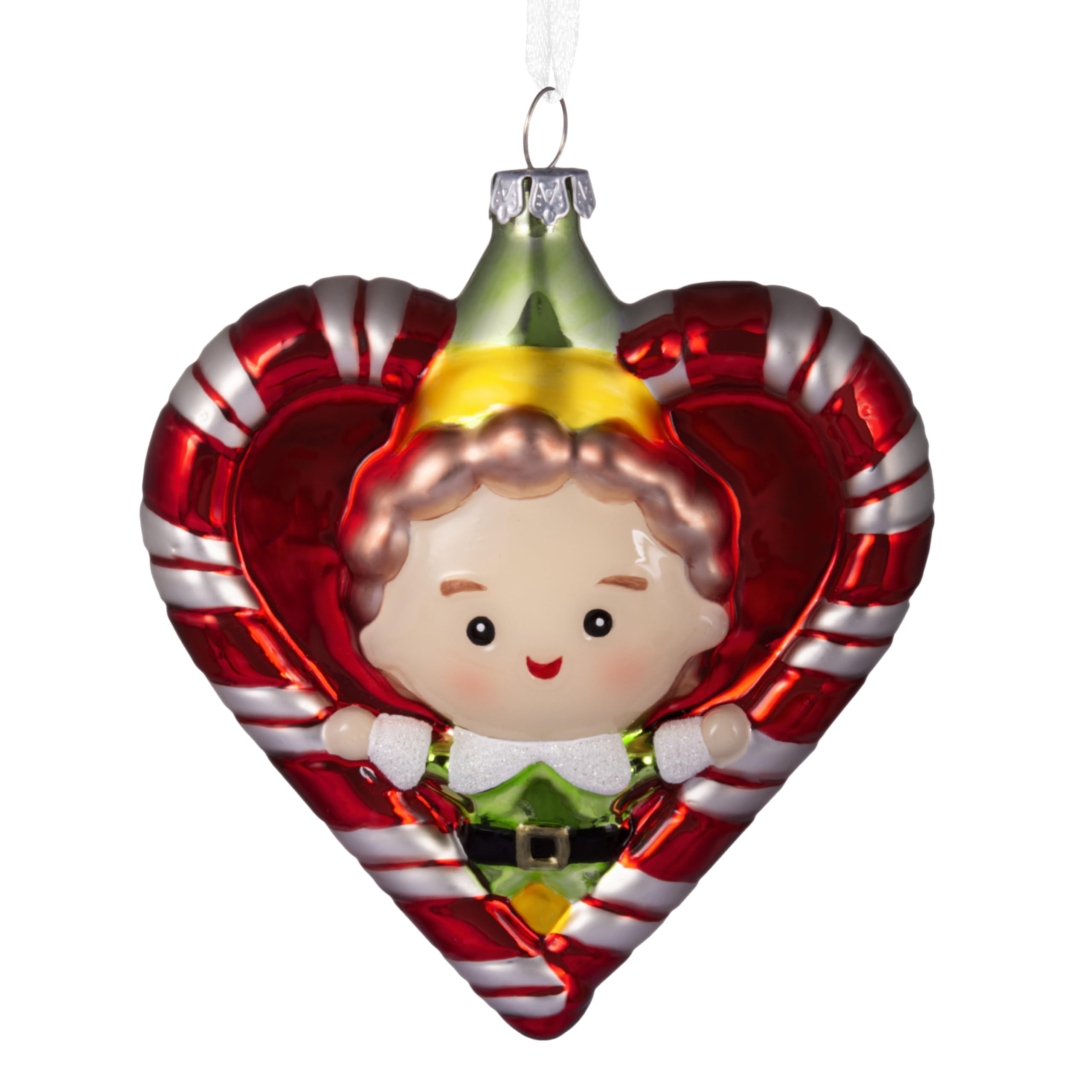 Hallmark Christmas Ornament, Elf Buddy the Elf Candy Cane Wreath Ornament, Blown Glass, Christmas Movie Gifts