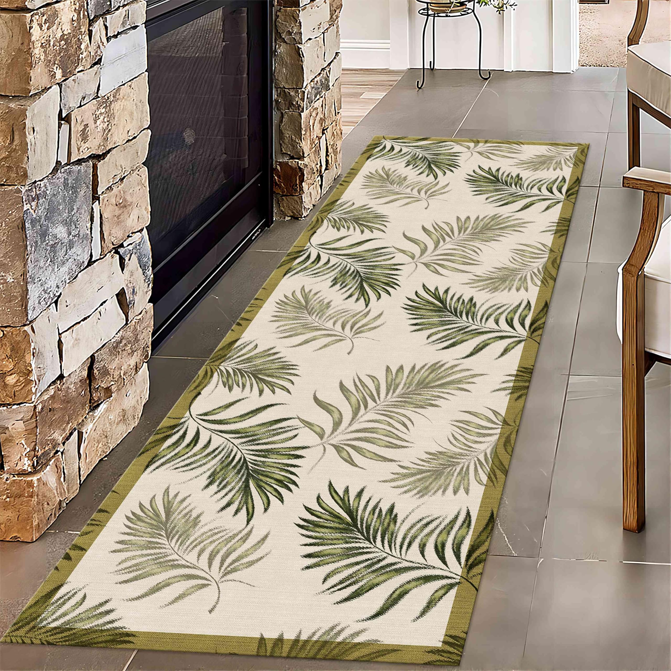 Green Leaf Runner Rugs for Hallway, 3.3x7ft, Palm Leaf Jungle Design Bedside Carpet, Easy Clean Durable High Traffic Rug, No Crease Reduce Noise