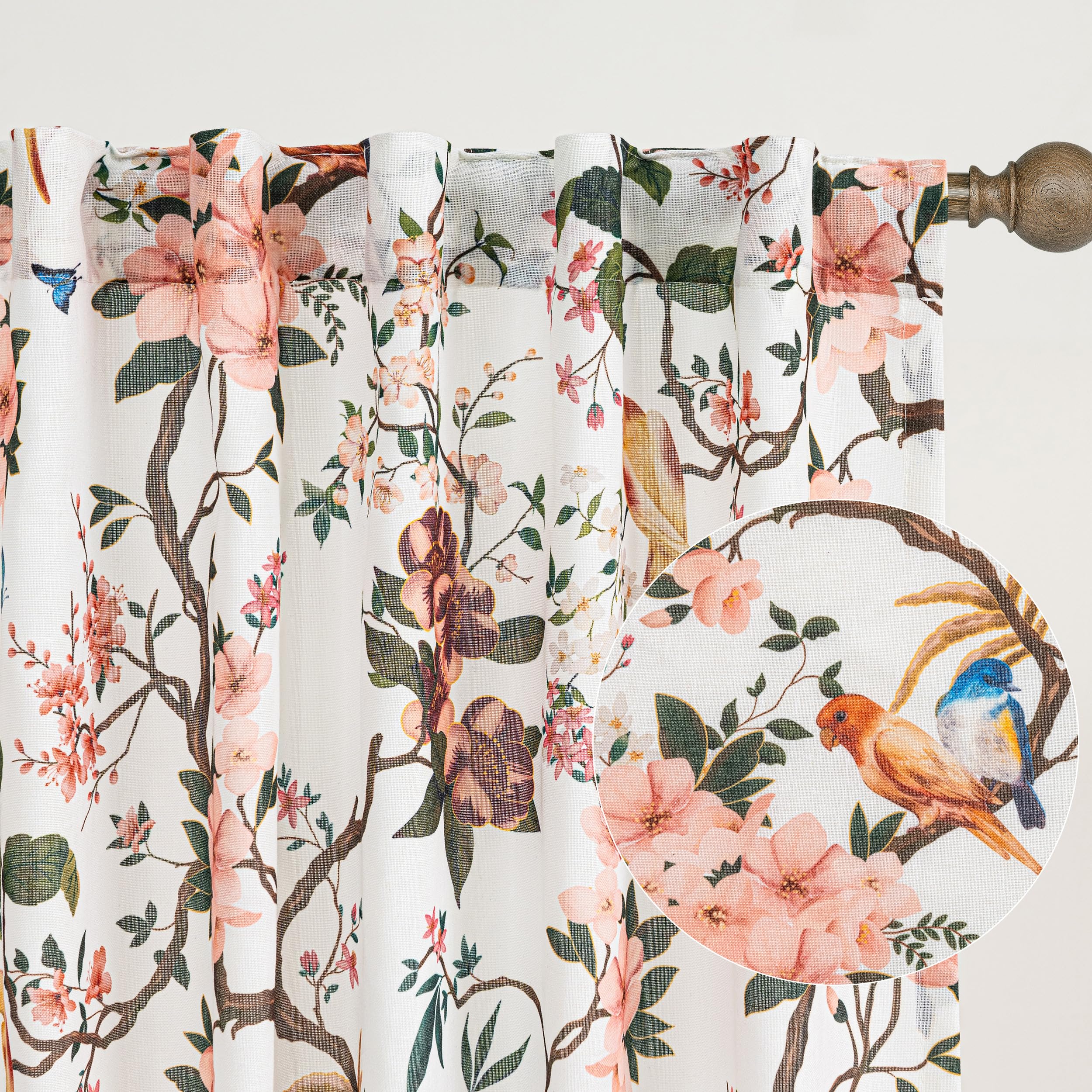 Beige White Floral Bird Cafe Kitchen Curtains 45 Inch Length 2 Panels Set | Semi Sheer,Light Filtering,Short Window,Vintage Flower,Linen Cream Ivory Printed Curtains,for Laundry Room Bathroom Basement
