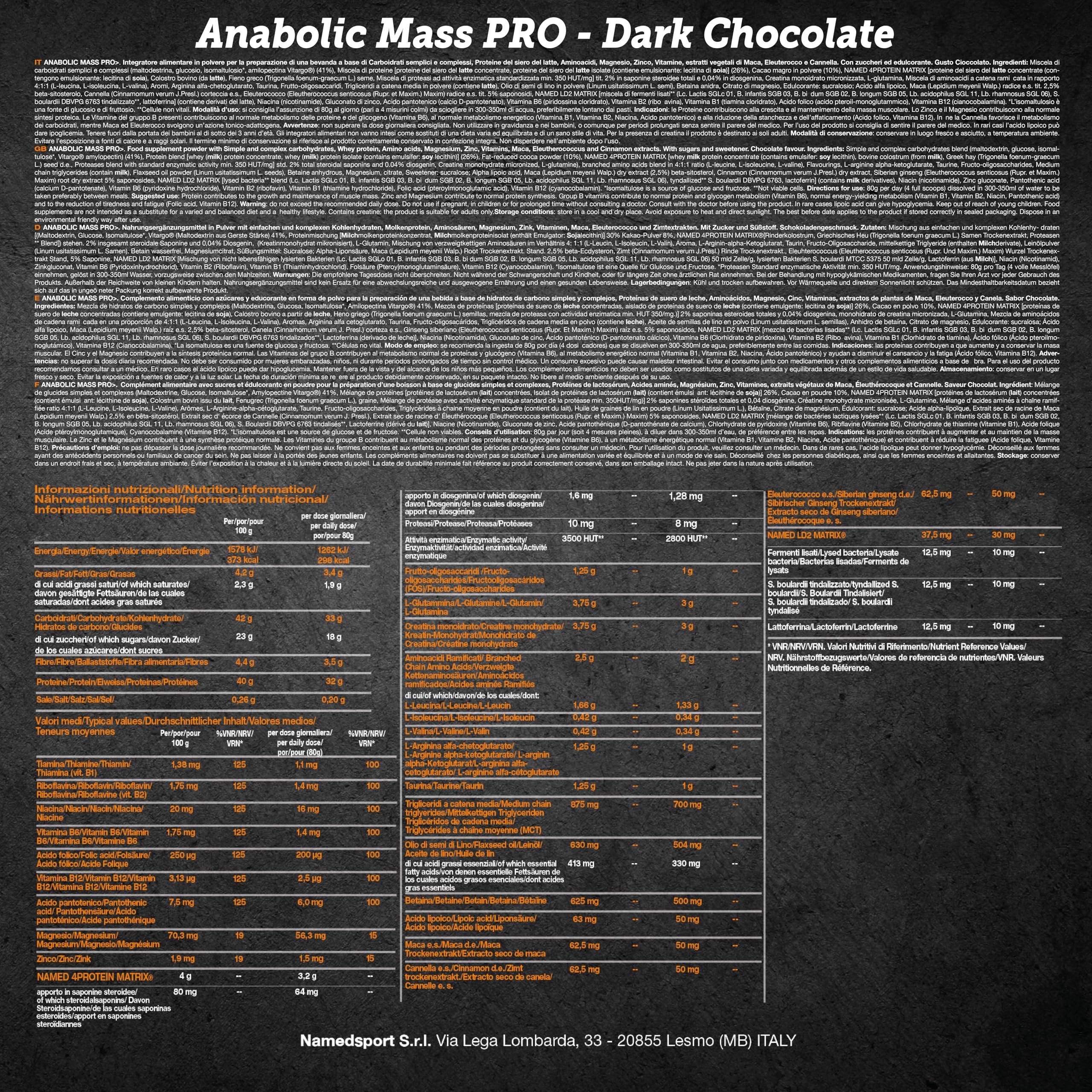 NAMEDSPORT ANABOLIC MASS PRO, Proteine in Polvere al Gusto Cioccolato, Proteine Isolate e Concentrate del Siero del Latte, per Crescita e al Mantenimento di Massa Muscolare, Brand of Italy, 1,6 kg