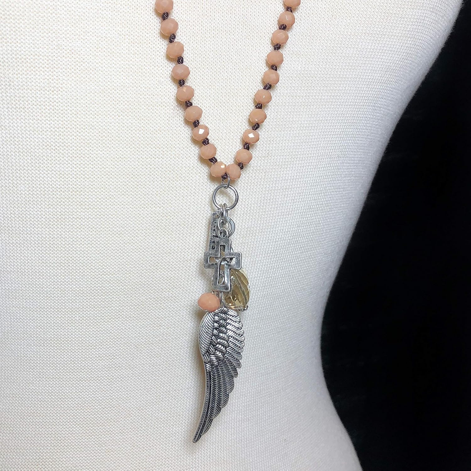 Gypsy Jewels Long Beaded Large Dual Function Glass Bead Unique Charm Silver Tone Ornate Pendant Necklace & Dangle Earrings Set (Brown Angel WIng)