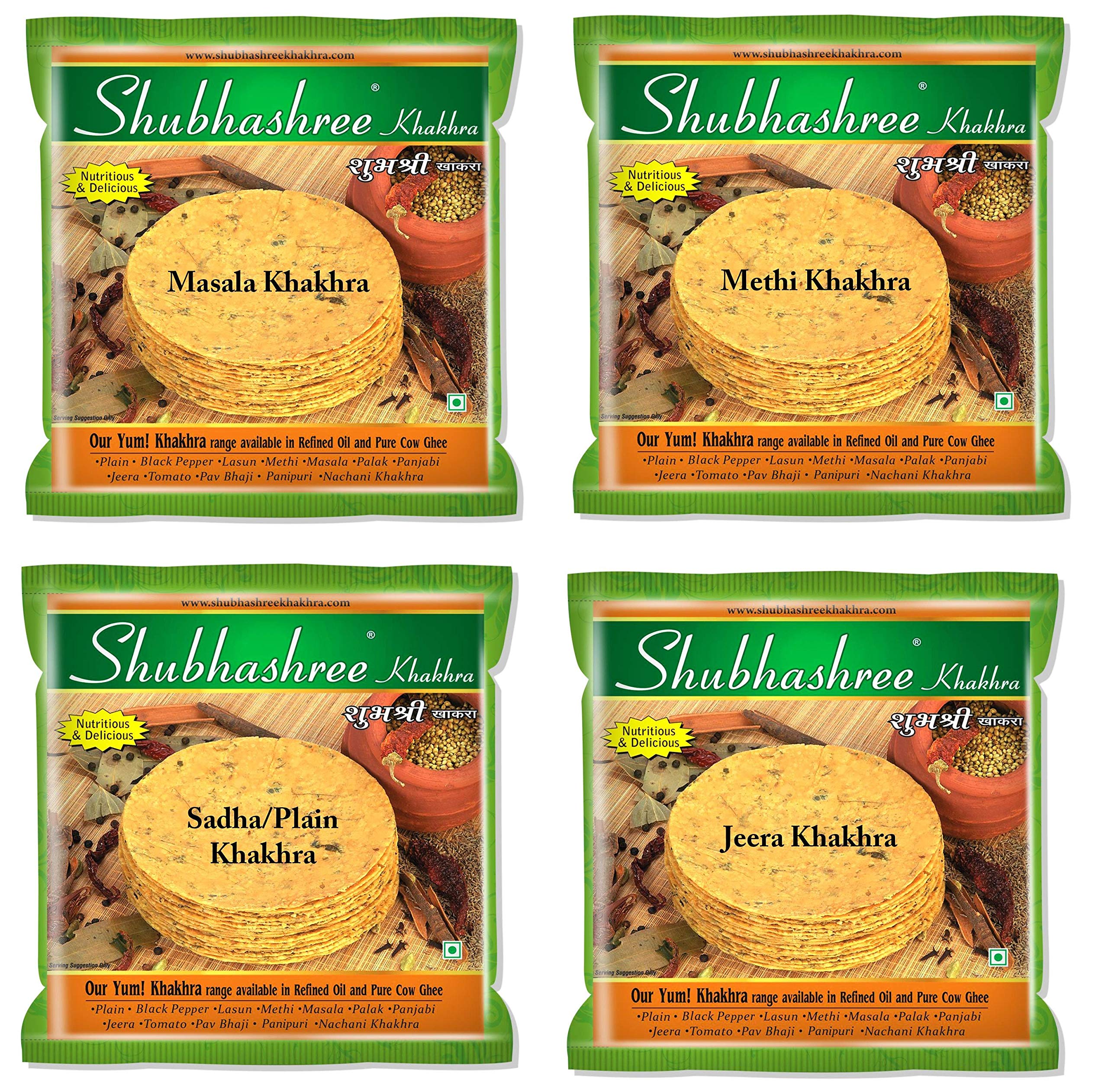 Shubhashree Khakhra Combo (Plain, Jeera, Masala & Methi) 4 Packs x 200g Each | Whole Wheat | No Palm Oil | No Maida | Authentic Gujarati Healthy Snack