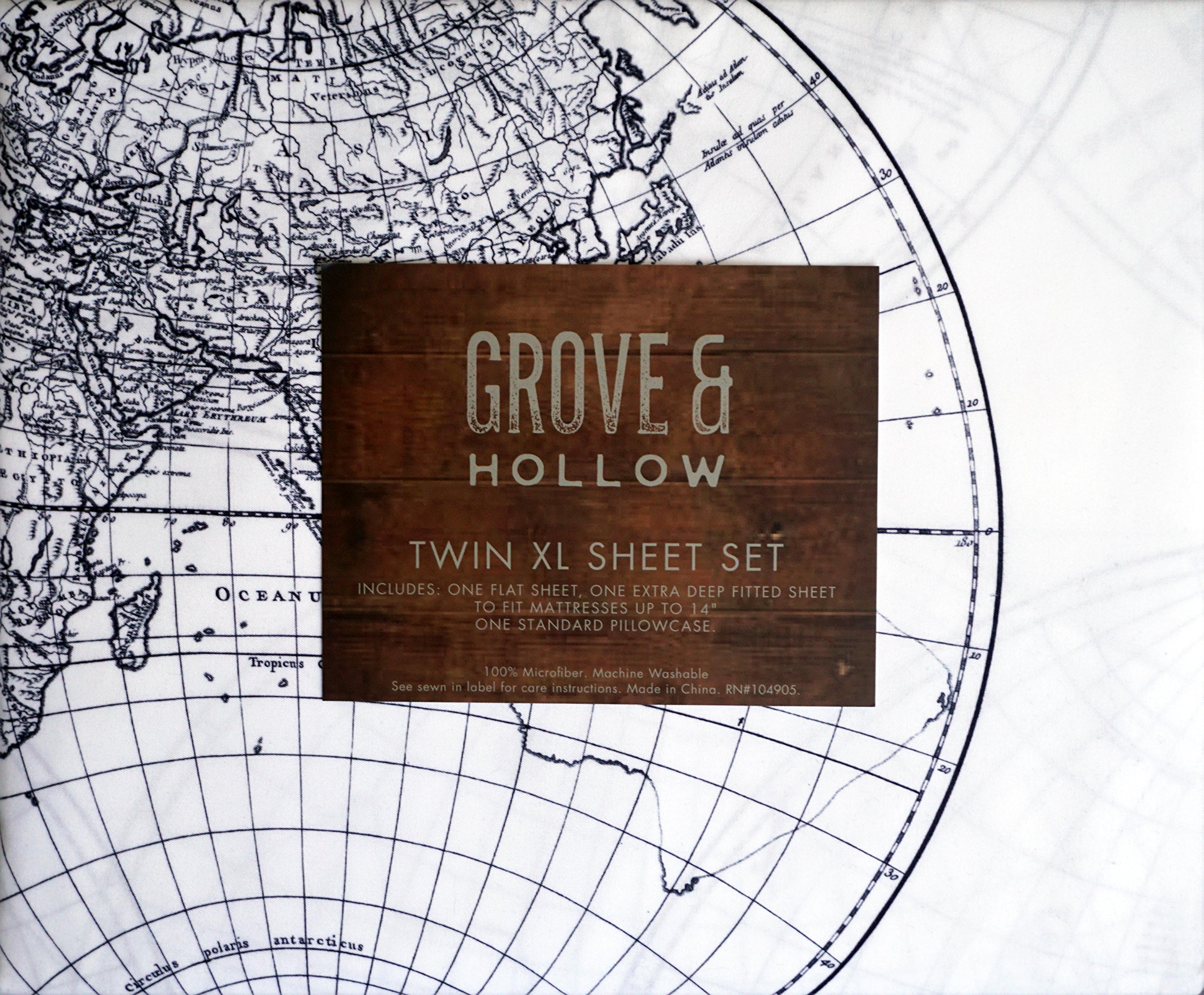 Grove & Hollow Classic Historic Early Explorers Global Map Pattern, 3 Piece Twin XL Size Microfiber Sheet Set Extra Deep Pockets Black on White