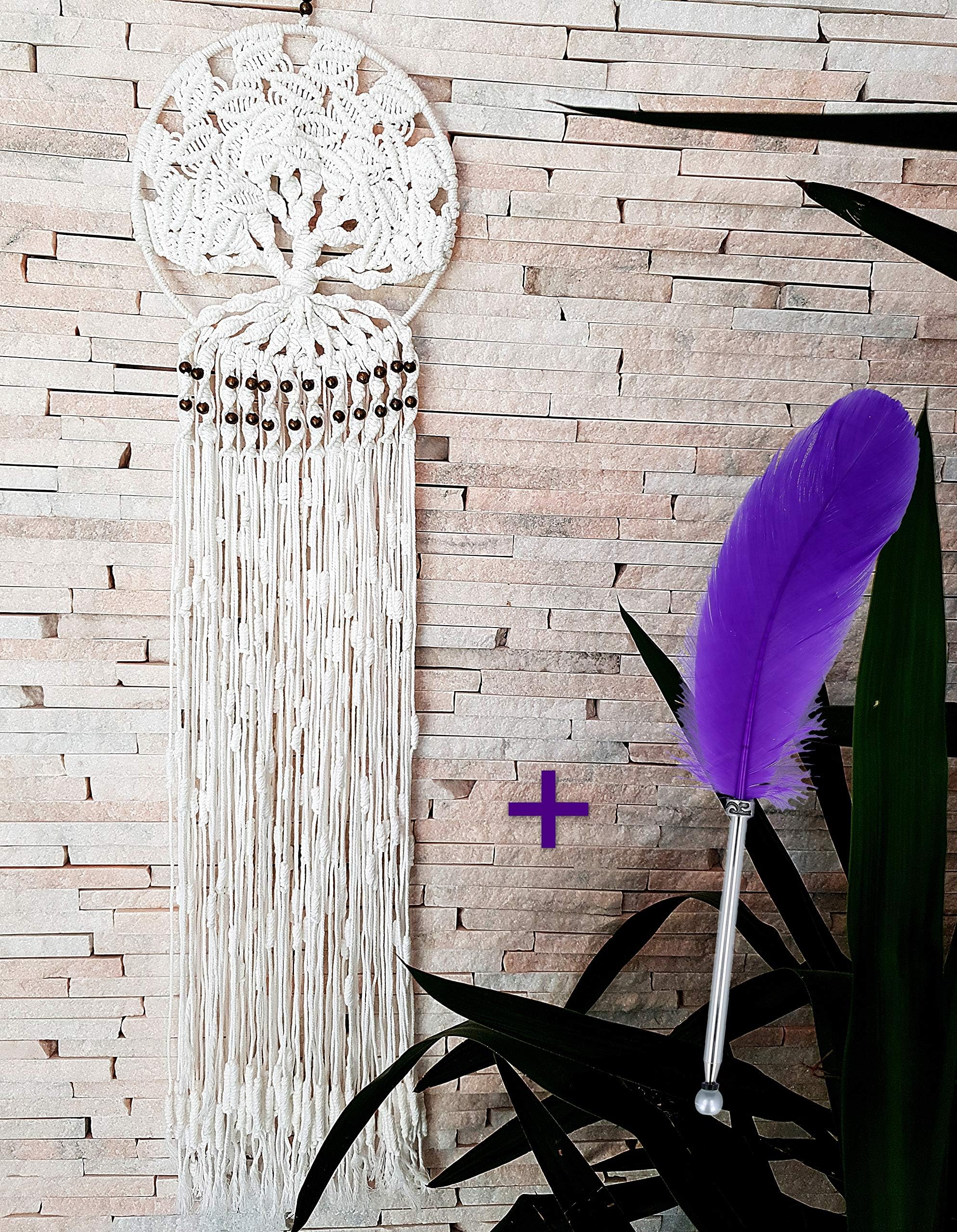 Dream Catchers Macrame White Cotton Knitted with TREE of LIFE theme, LARGE SIZE (37.4 length x 9.84 diameter) Wall Hanging Home Decoration, Boho Wedding Ornament Decor + 1 Natural Feather Pen GiFT