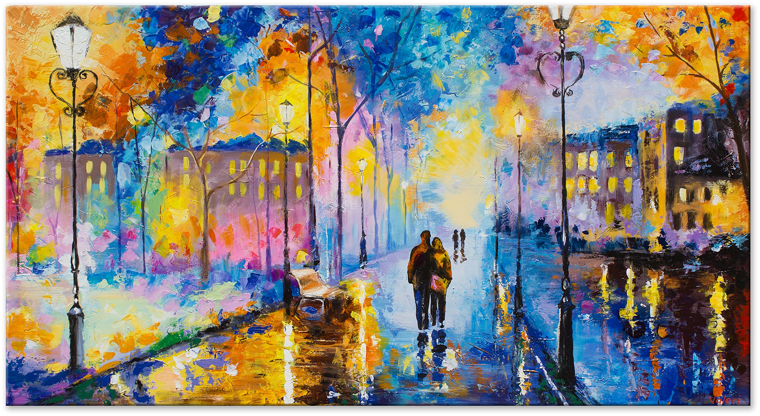YS-Art | Dipinti a Mano Colori acrilici Serata Romantica | Quadro Dipinto a Mano | 130x70cm | Pittura | Dipinti Modern | Quadri Dipinti a Mano | Azzurro