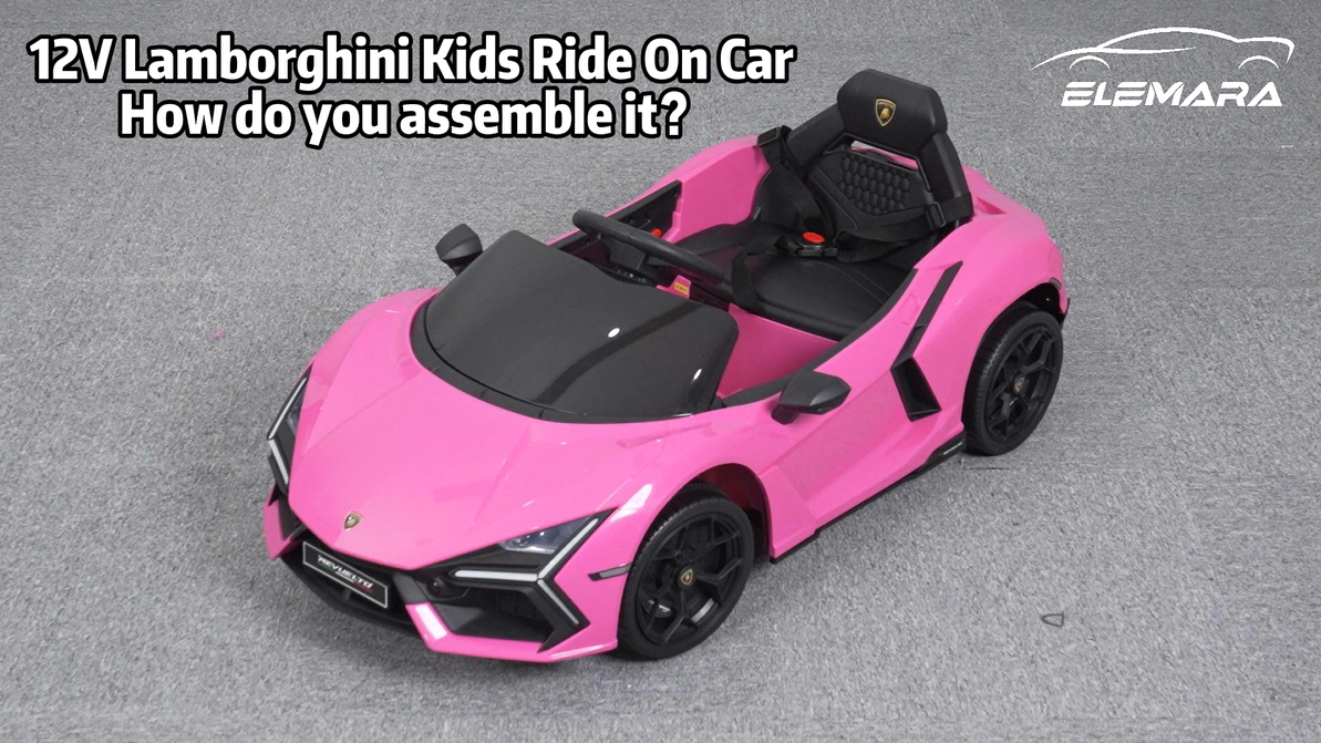 Components of the ELEMARA Lamborghini Ride-On Car laid out for assembly, including the blue car body, wheels, steering wheel, seat, and remote control.