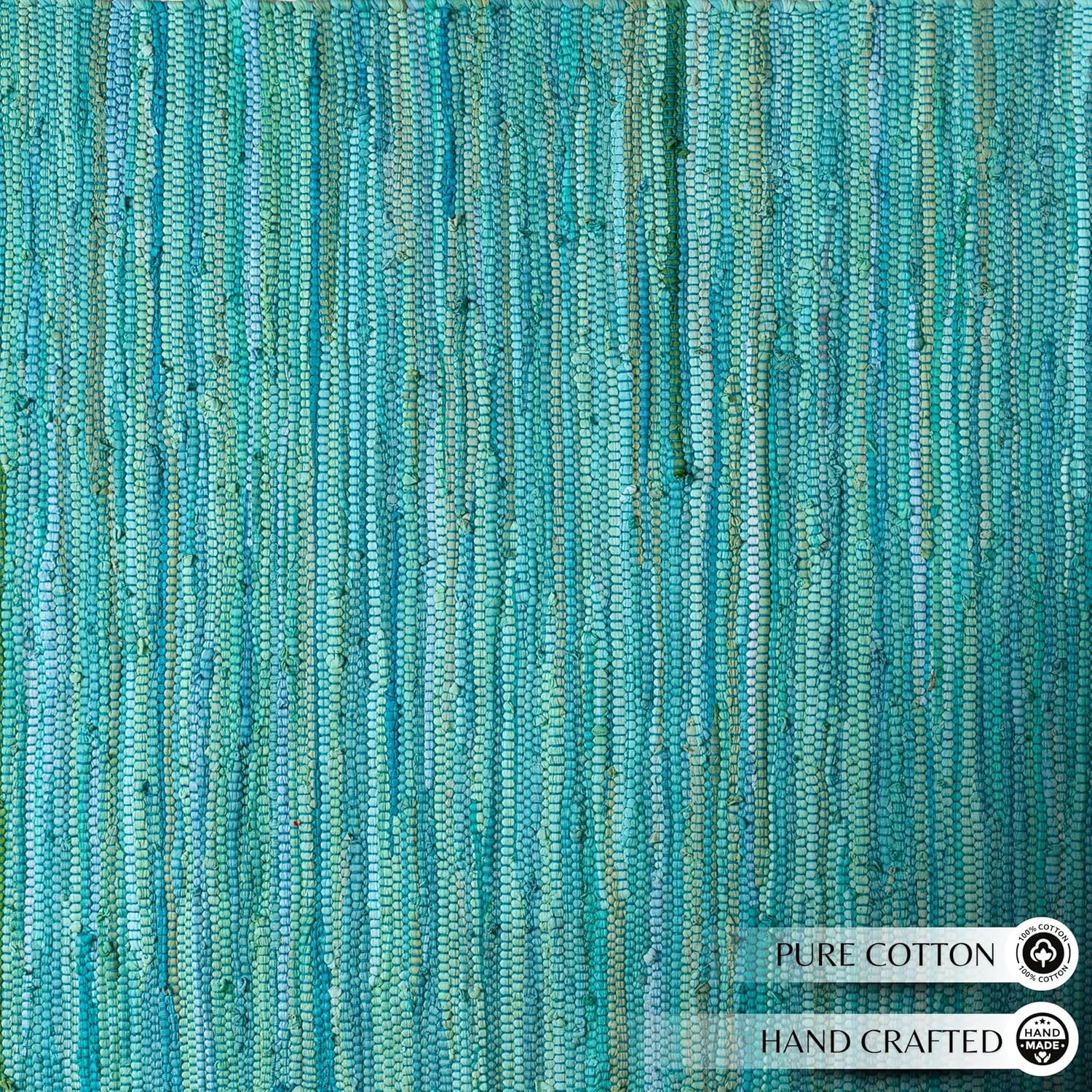Cotton Hand Woven Chindi Rug 3x5 Feet - Teal, Reversible Large Durable Handmade Rag Dhurrie Ideal for Hallway, Kitchen, Living Room | Green Farmhouse Decorative Rectangular Floor Mat for Balcony