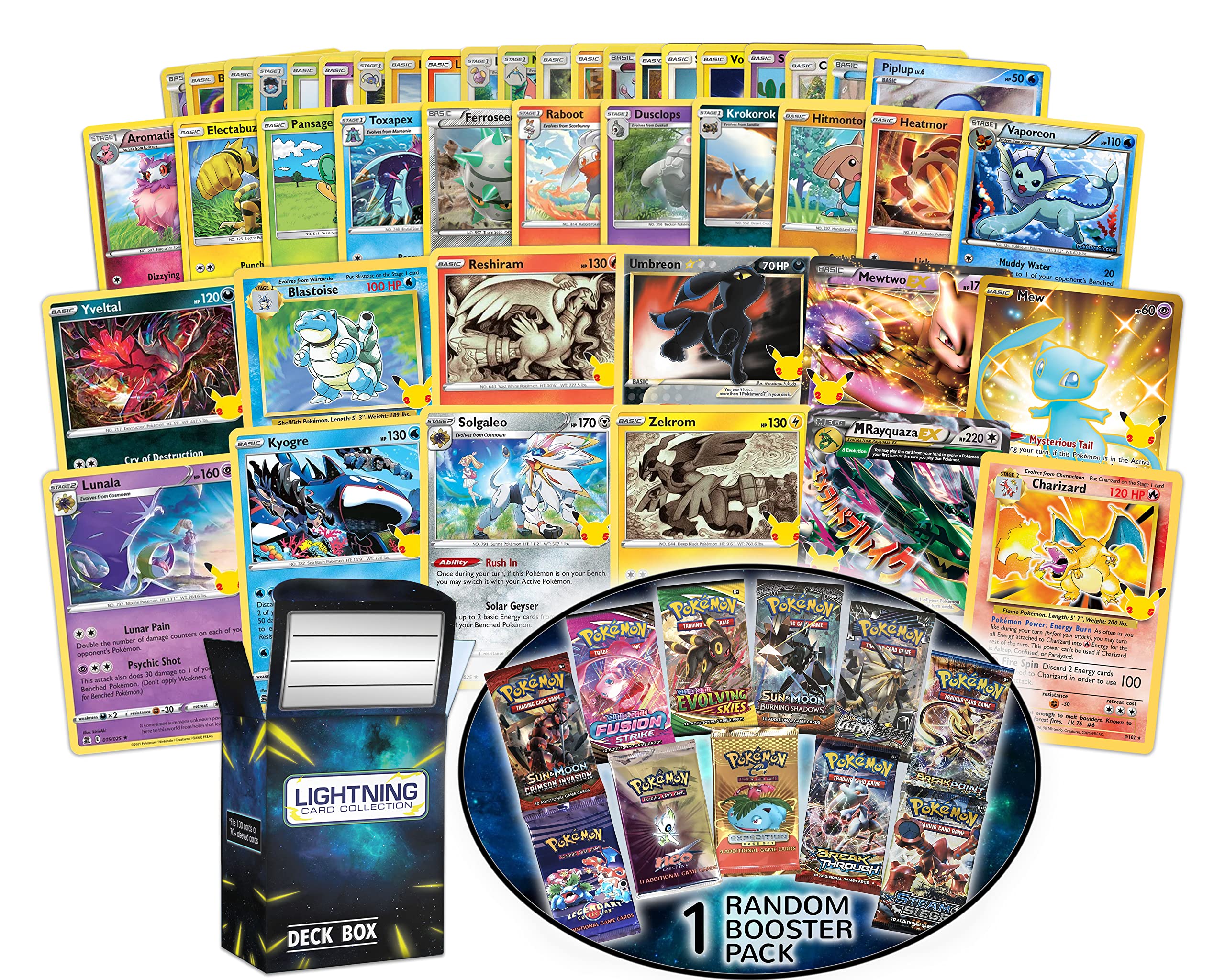 Amazon.com: Lightning Card Collection Celebration Bundle 25 Assorted Cards  3 Legendary Celebration Cards 1 Booster Pack with LCC Box That is  Compatible with Pokemon Cards. : Toys & Games