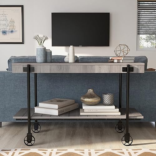 Miniatura 58 de Furniture of America Cleon Industrial - Juego de mesa de sofá y mesa de sofá con ruedas para sala de estar, color negro y roble rústico (3 piezas)