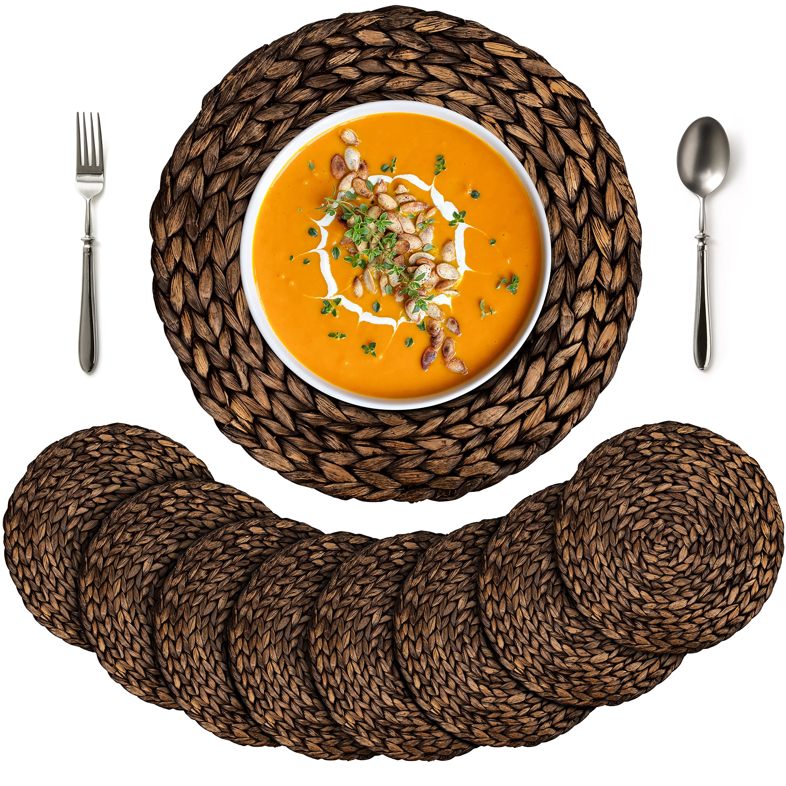 (Sizes: 11.8"-13.8''-15") EXA Woven Placemats, Natural Water Hyacinth Placemat, Round Rattan Braided Table Mats, Large Handmade Weave Placemats Heat Resistant Non-Slip for Dining Table (13.8" Set 8)