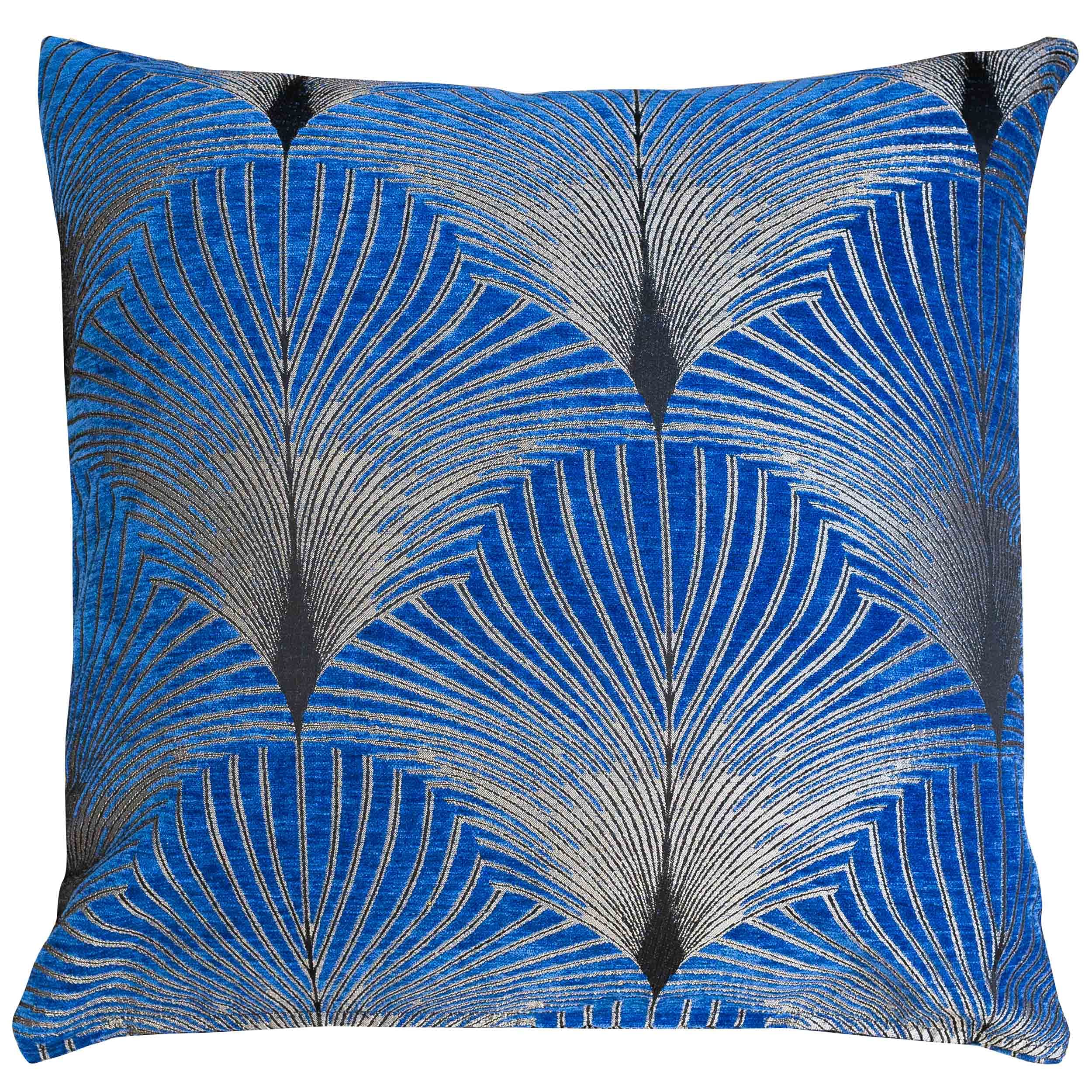Linen Loft Art Deco Retro Fan Extra-Large Cushion Cover. Electric Midnight Blue and Metallic Silver Vintage Design. Luxury Velvet Chenille. 23x23 XL Square Cushion Cover Only.