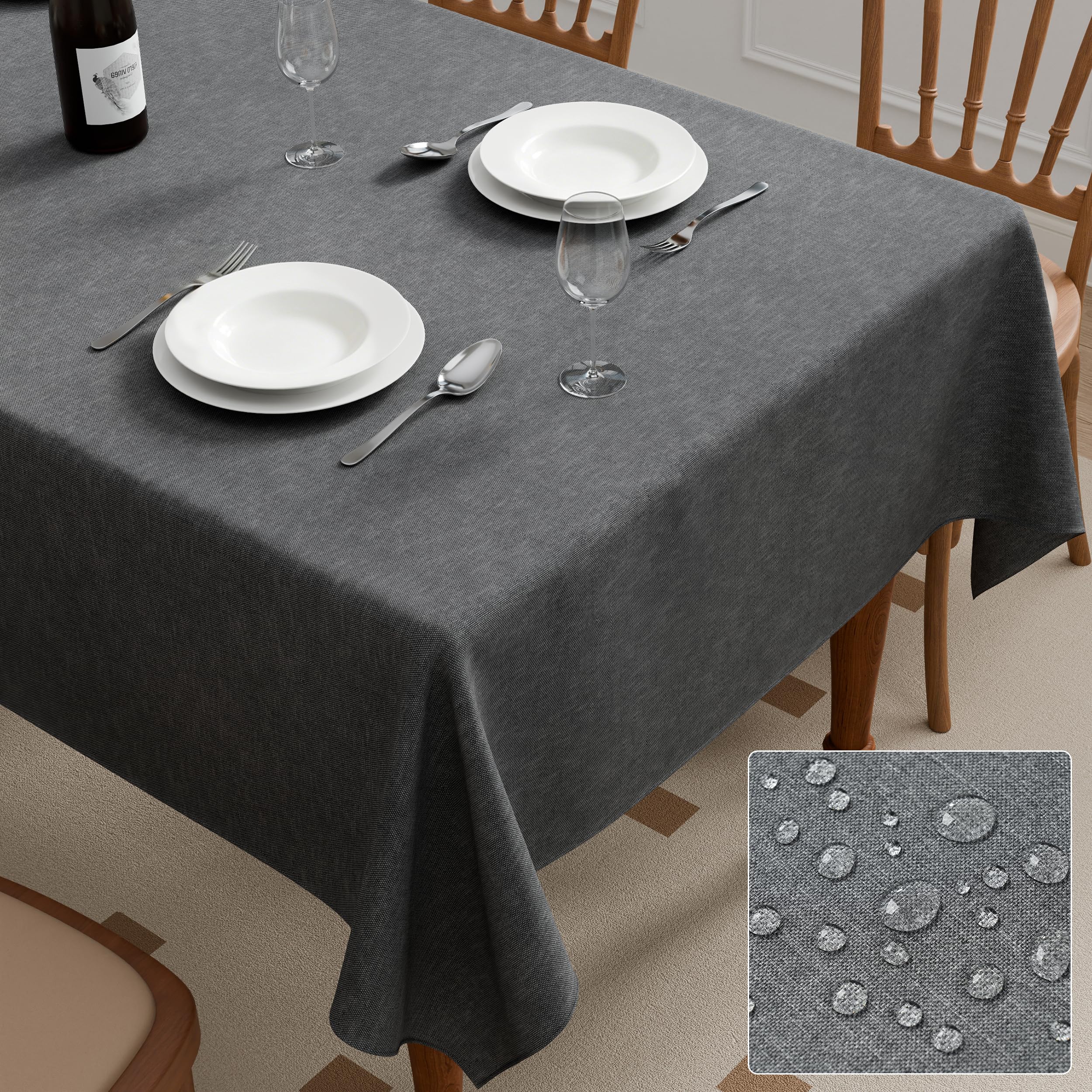Roerf Rectangle Tablecloth 140x240cm, Grey Faux Linen Spill-Proof Wipeable Water Resistant Table Cover for Dining Kitchen Garden Indoor Outdoor, 55x95inch