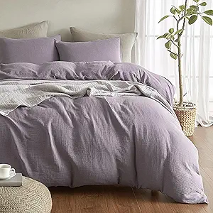 SE SOFTEXLY Muslin Duvet Cover Queen Size, 100% Washed Cotton Duvet Cover Set, Ultra Soft Comforter Cover Linen Like, 3 Pieces Minimalist Gauze Duvet Cover with 2 Pillowcases, 90"x90", Purple Grey