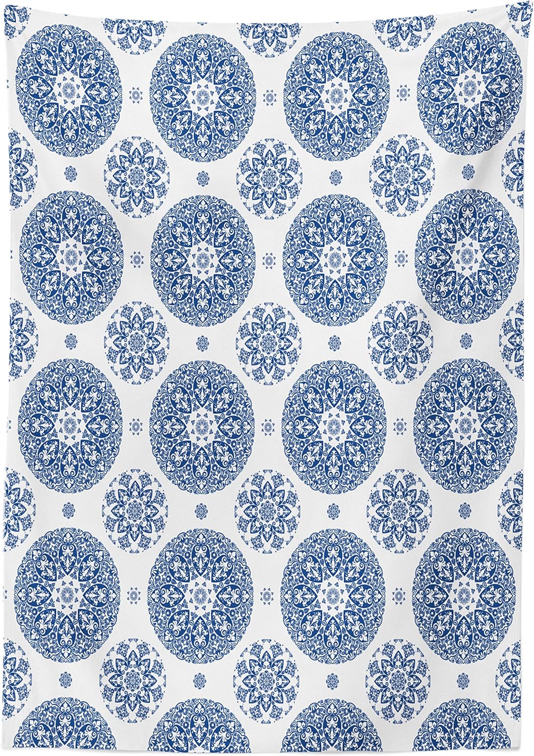 Ambesonne Vintage Tablecloth, French Country Style Floral Circular Pattern Lace Ornamental Snowflake Design Print, Dining Room Kitchen Rectangular Table Cover, 52" X 70", Blue White 52" X 70" Blue White