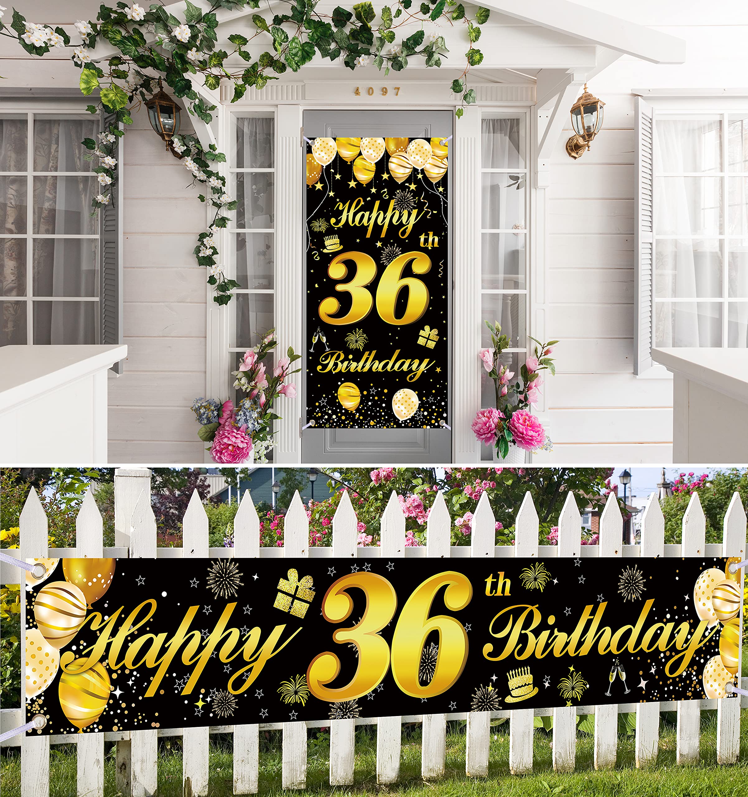 Happy Birthday Banner For Men - 36th Birthday Decor, Large 3.77x5.9 Ft Backdrop, Black & Gold Party Decorations - View #9