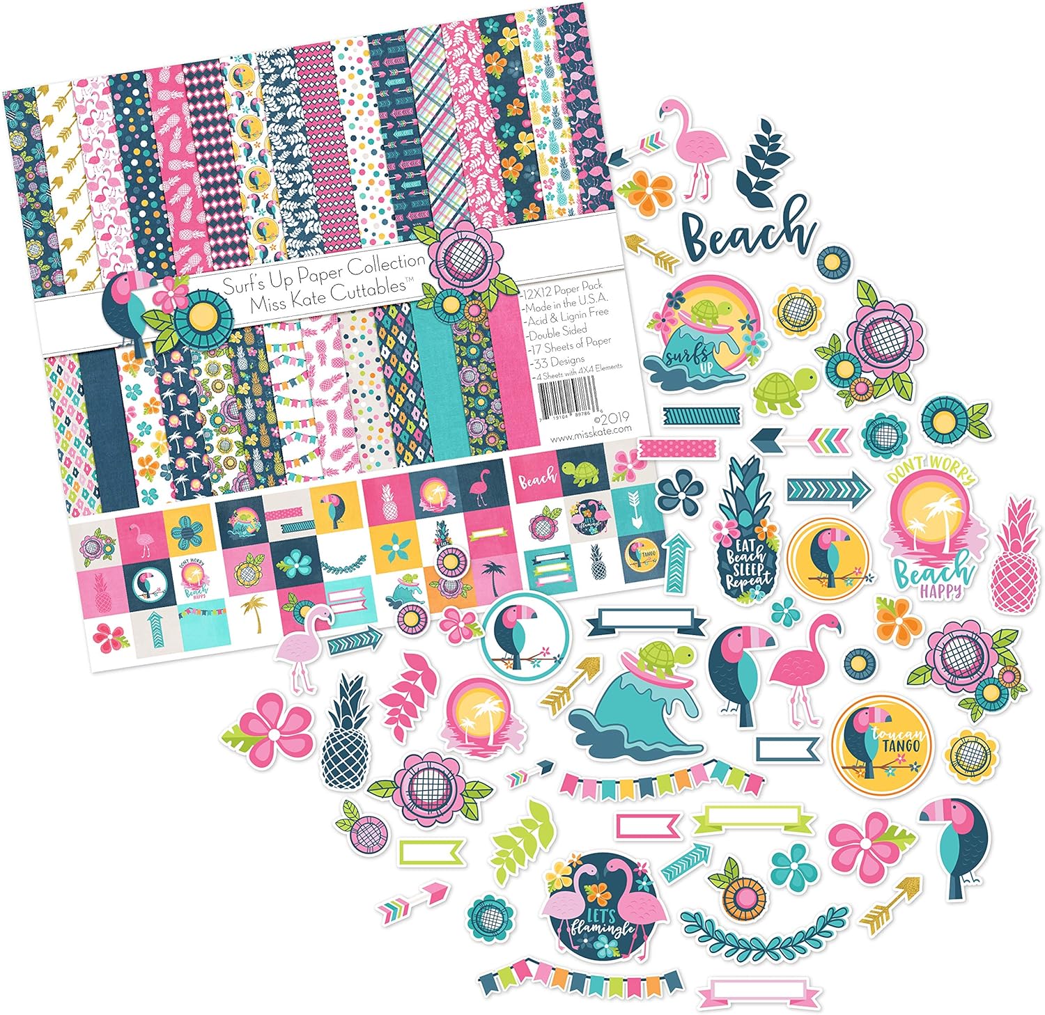 Die Cuts & Paper Set - Surf's Up - by Miss Kate Cuttables - 16 Double - Sided 12"x12" Premium Specialty Paper Sheets & Over 60 Coordinating Die Cuts