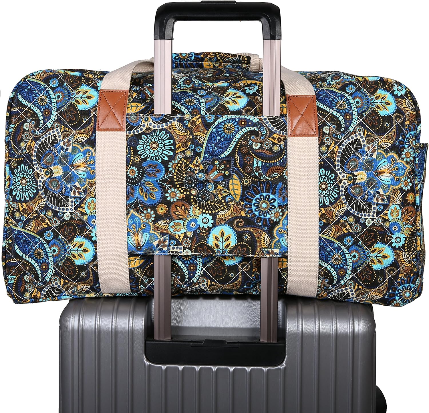 Malirona 22"Canvas Weekender Overnight Bags Travel Duffel Bag Carry On Bag for Women and Girls (Black Flower) - Image 7