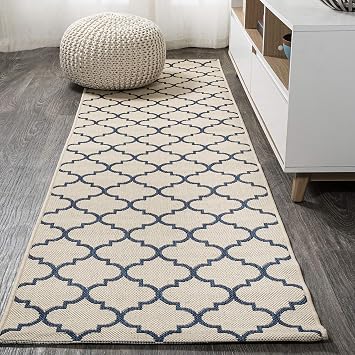 JONATHAN Y Ogee Trellis Indoor Outdoor Runner Rug 2X8 Beige/Navy, Arabesque for Backyard, Patio, Porch, Easy-Cleaning, High Traffic, Pet-Friendly, Non-Shedding SMB122A-28