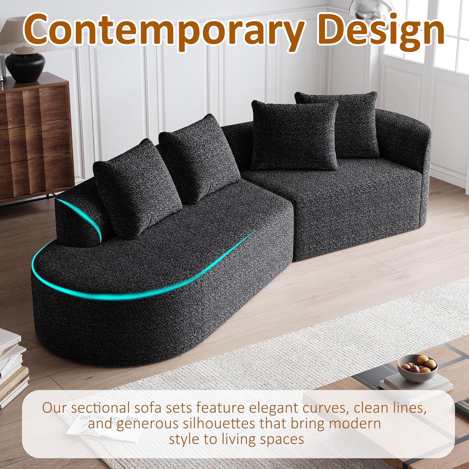 Oversized Sectional Sofa, 112-Inch Chenille 4-Seater Extra Deep & Wide Seat Curved Cloud Couch with 4 Throw Pillows, Free Combination Sofa Couch for Living Room,Bedroom