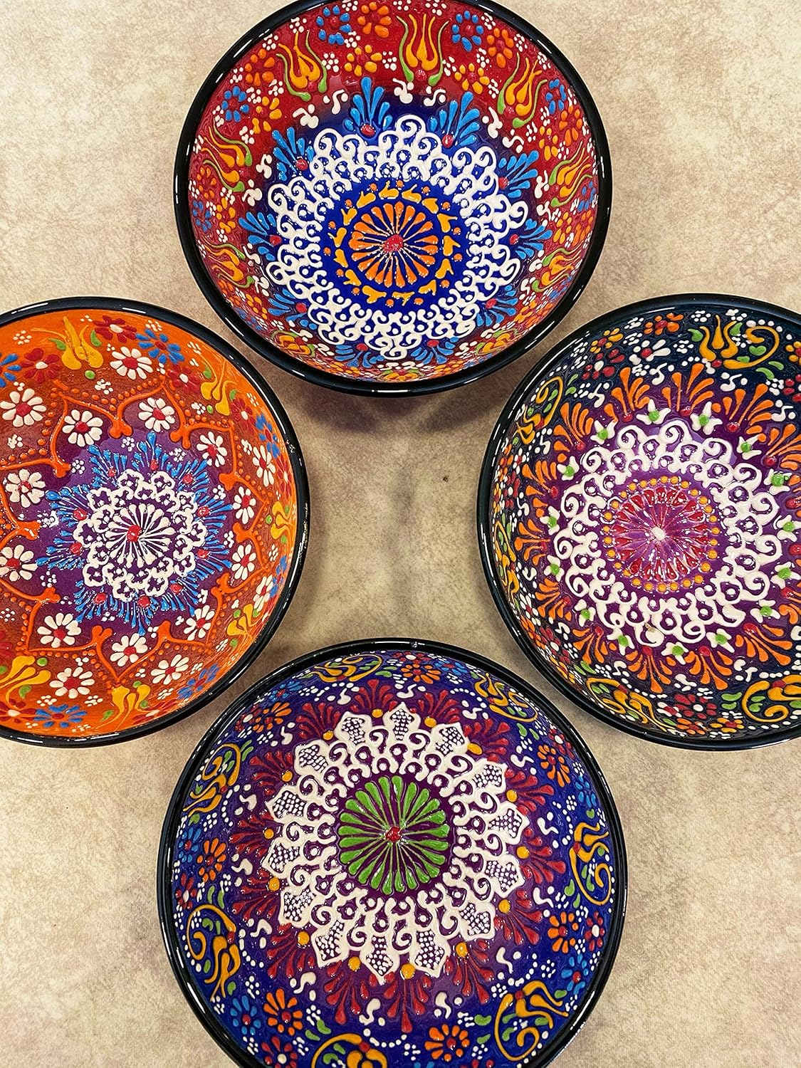 4x Turkish Ceramic Bowls Set, Colorful Ceramic