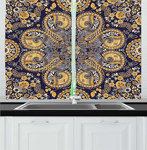 Miniatura 19 de Lunarable Cortinas de cocina mostaza, piñas tropicales sobre líneas amarillas horizontales a rayas amarillas, diseño de humor de fruta fresca, juego