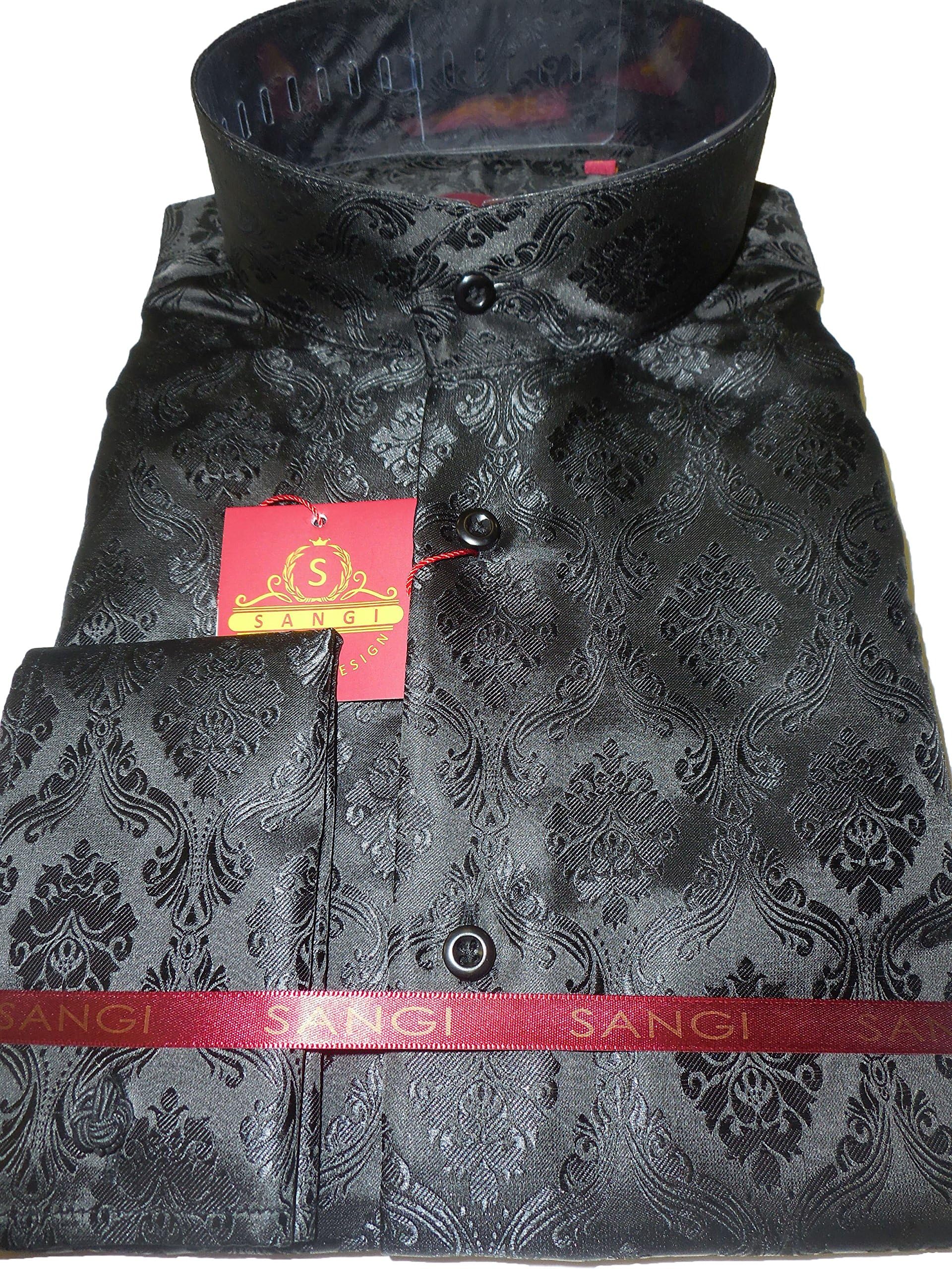 SANGI 1000 Mens Black Regal Damask Tall Victorian Collar Cuffed Shirt