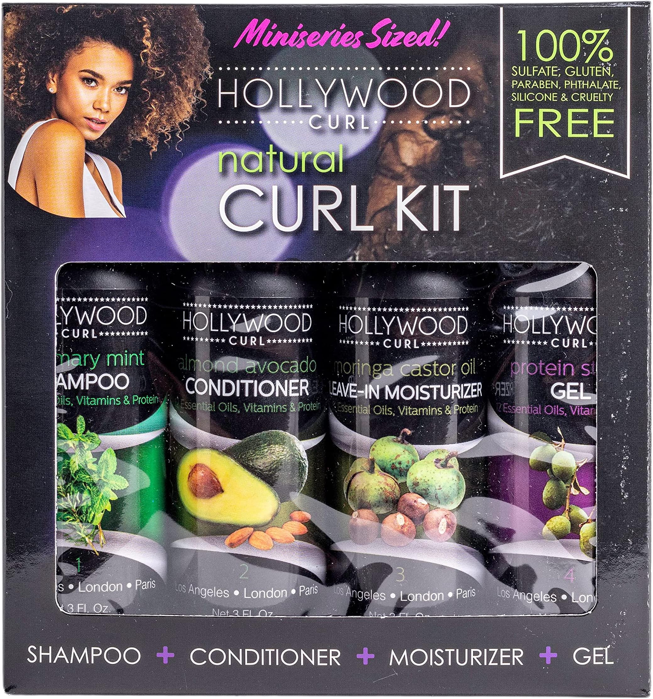 Hollywood Curl 4 Pack Natural Curl Styling Kit - Women and Men – Wavy and Frizzy Hair Control - w/Essential Oils, Vitamins, and Protein – Includes Shampoo, Conditioner, Curling Cream, and Styling Gel