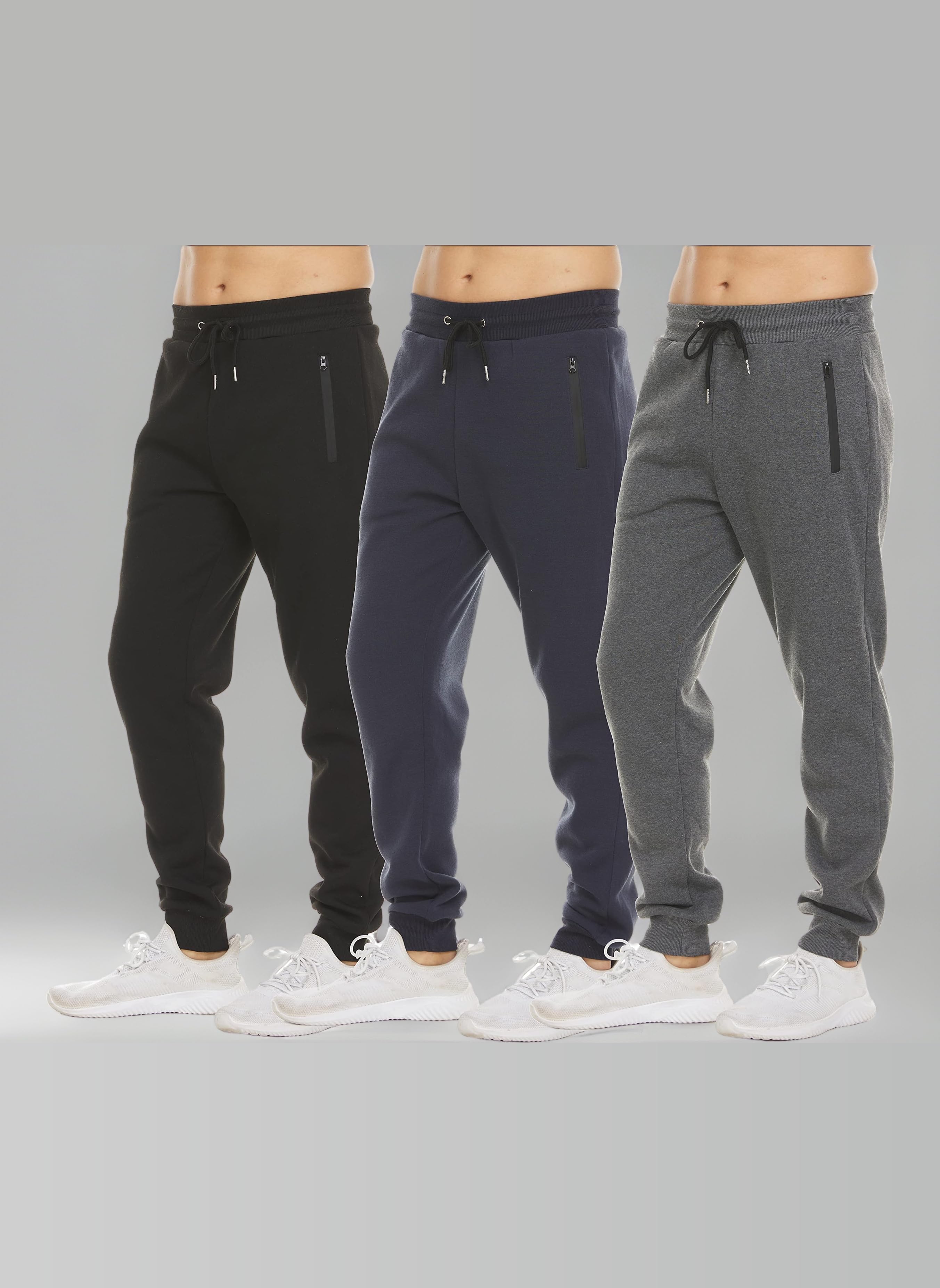 PURE CHAMP Mens 3 Pack Fleece Active Athletic Workout Jogger Sweatpants for Men with Zipper Pocket and Drawstring Size S-3XL