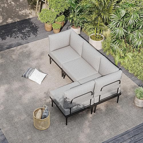 Miniatura 7 de Sundale Outdoor Juego de 4 muebles de metal para patio, sofá seccional para exteriores con cojín de olefina de 6 pulgadas, modernos juegos de