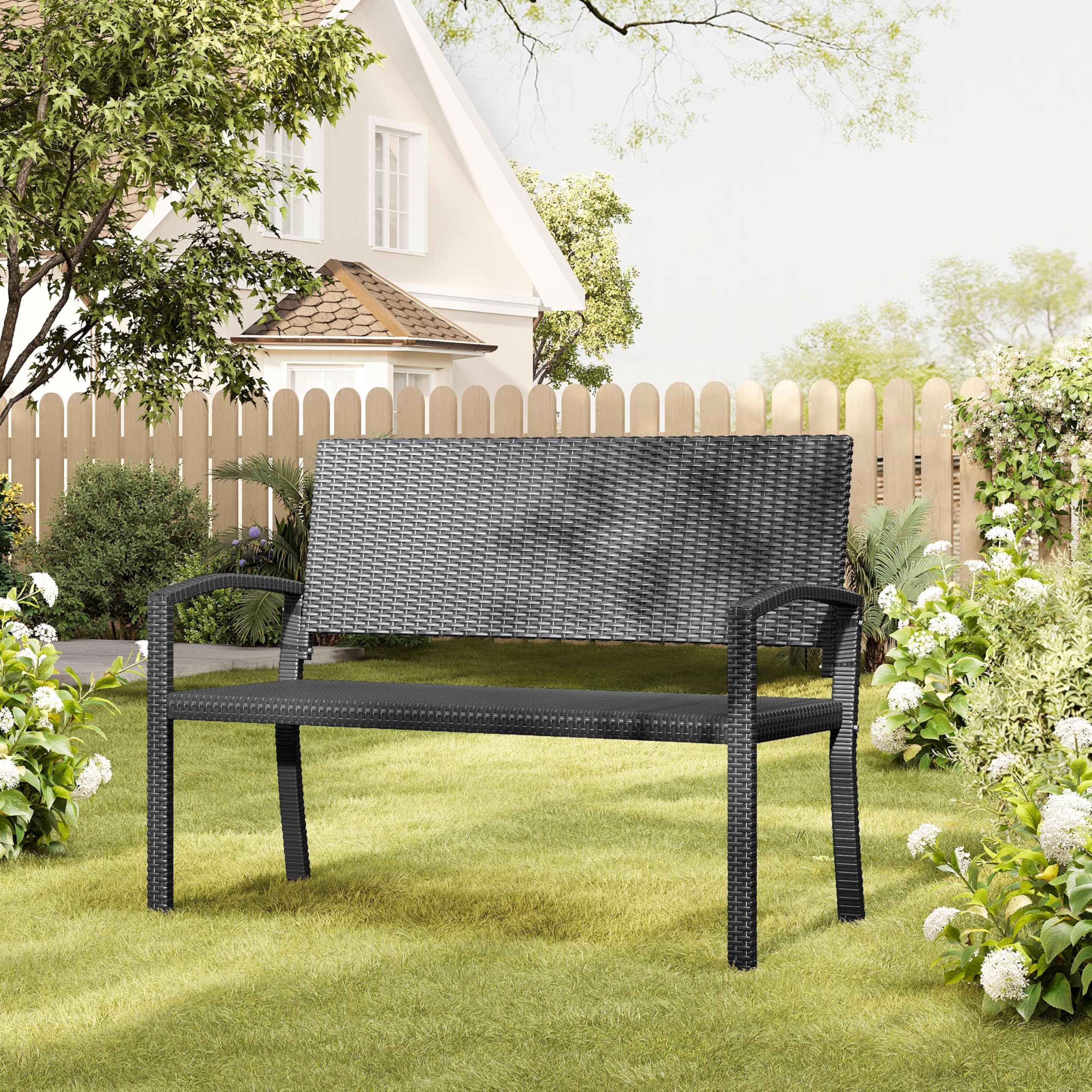 Yaheetech Panchina in Polyrattan da Giardino per 2 Persone Panca da Esterno Impermeabile con Schienale e Braccioli per Balcone Terrazza 121,5 × 62 × 89 cm Nero
