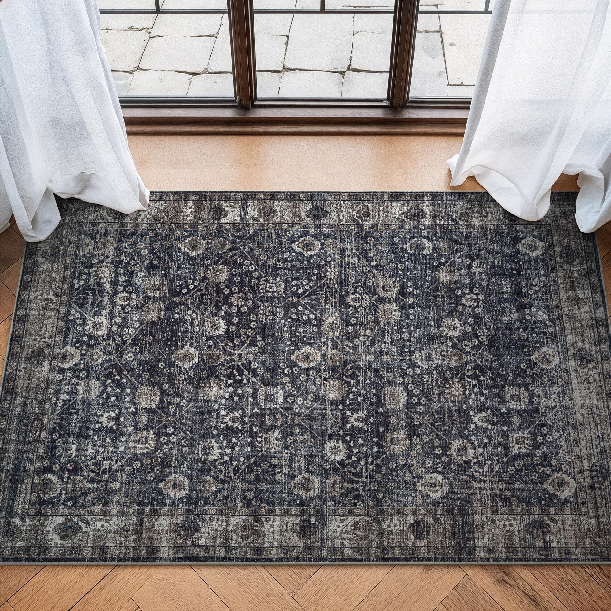Bloom Rugs Washable Non-Slip 3' x 5' Rug - Black/Brown Traditional Area Rug for Living Room, Bedroom, Dining Room, and Kitchen - Exact Size: 3' x 5'