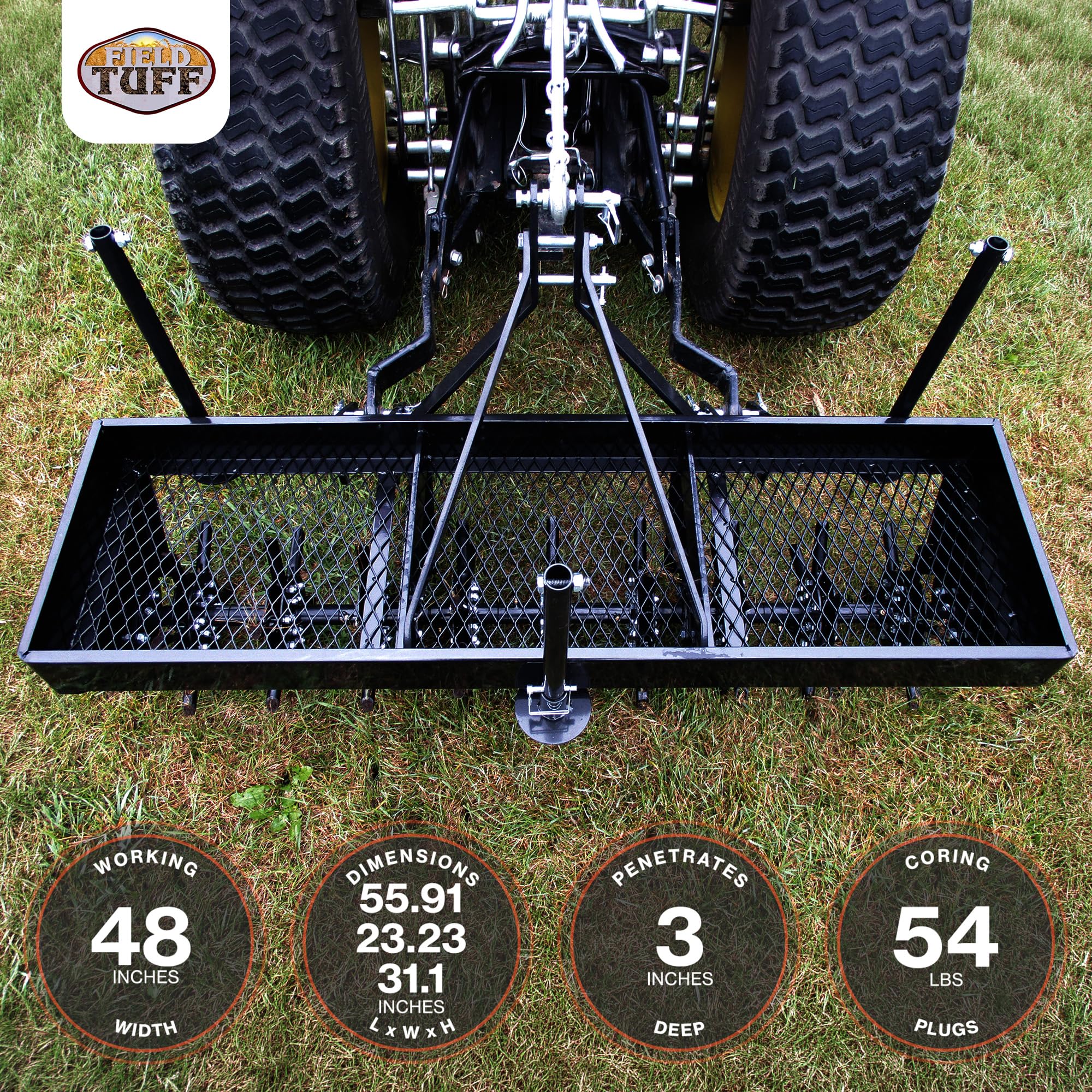 48 3-Point Plug Aerator with 54 Coring Plugs Heavy-Duty Weight Tray and Retractable Feet Fits Category 0 and 1 Tractors Black product thumbnail 4