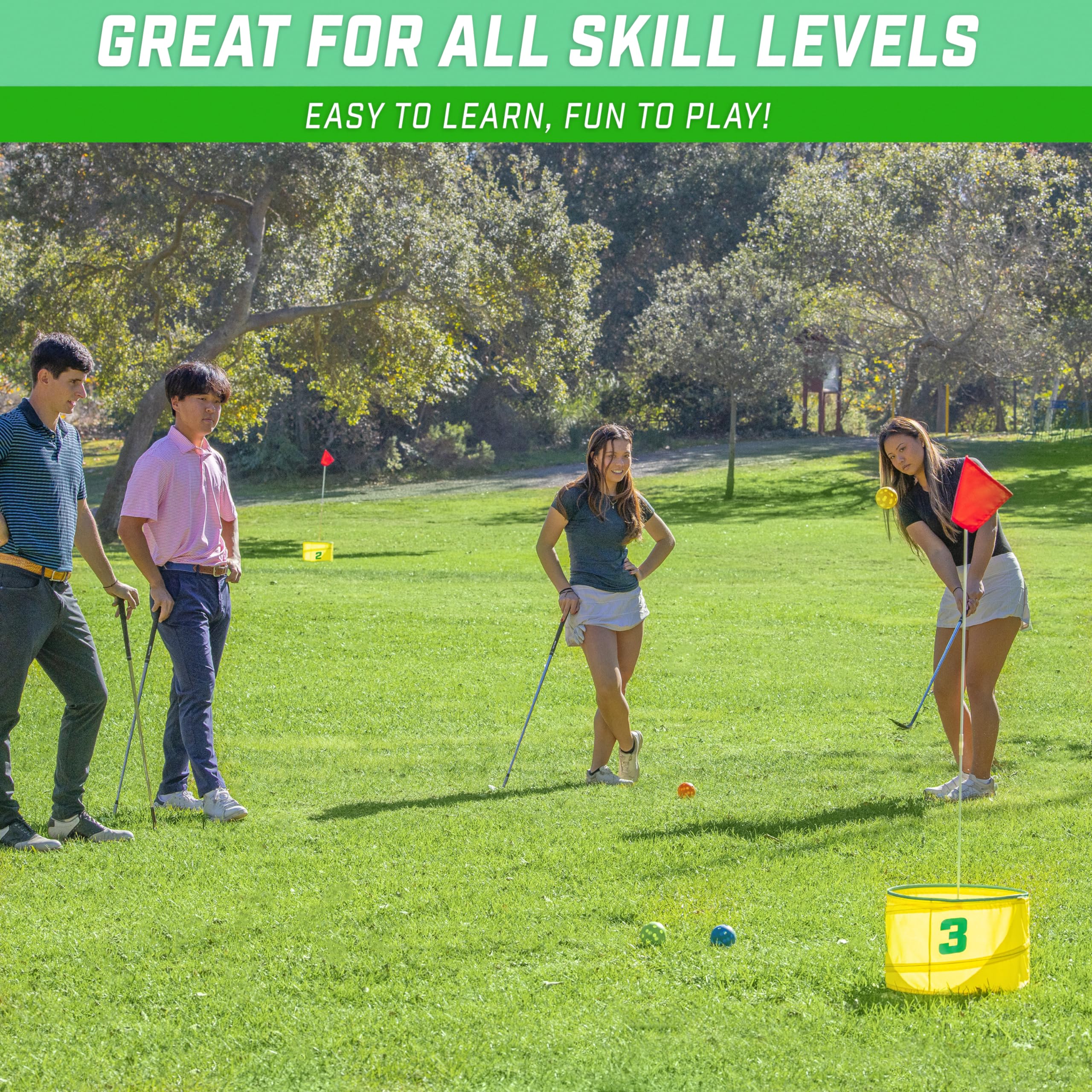 GoSports Yard Links zestaw golfowy z 3 wiaderkami, markerami tee i 4 piłkami