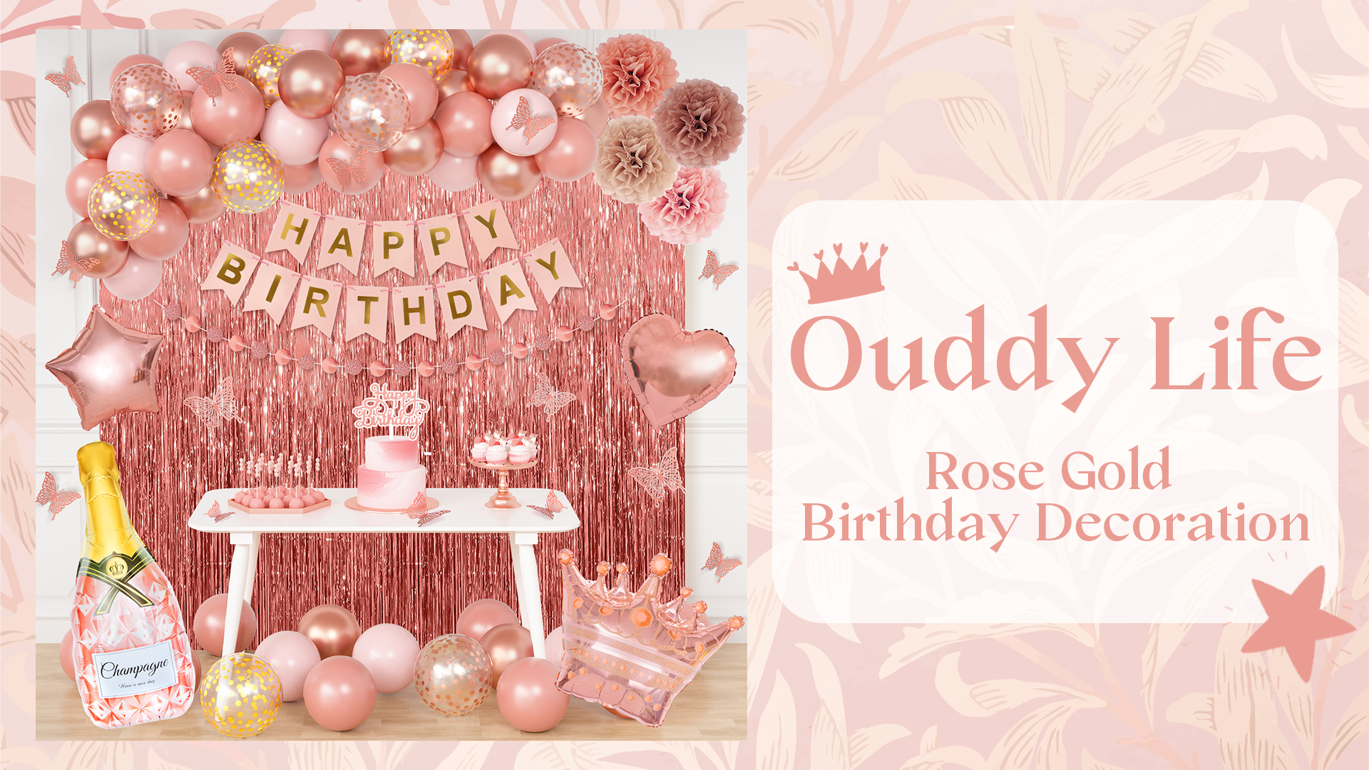 Geburtstagsdeko-Set In Blush Pink & Rose Gold – Inkl. Banner, Girlanden, Ballons & Cake Topper